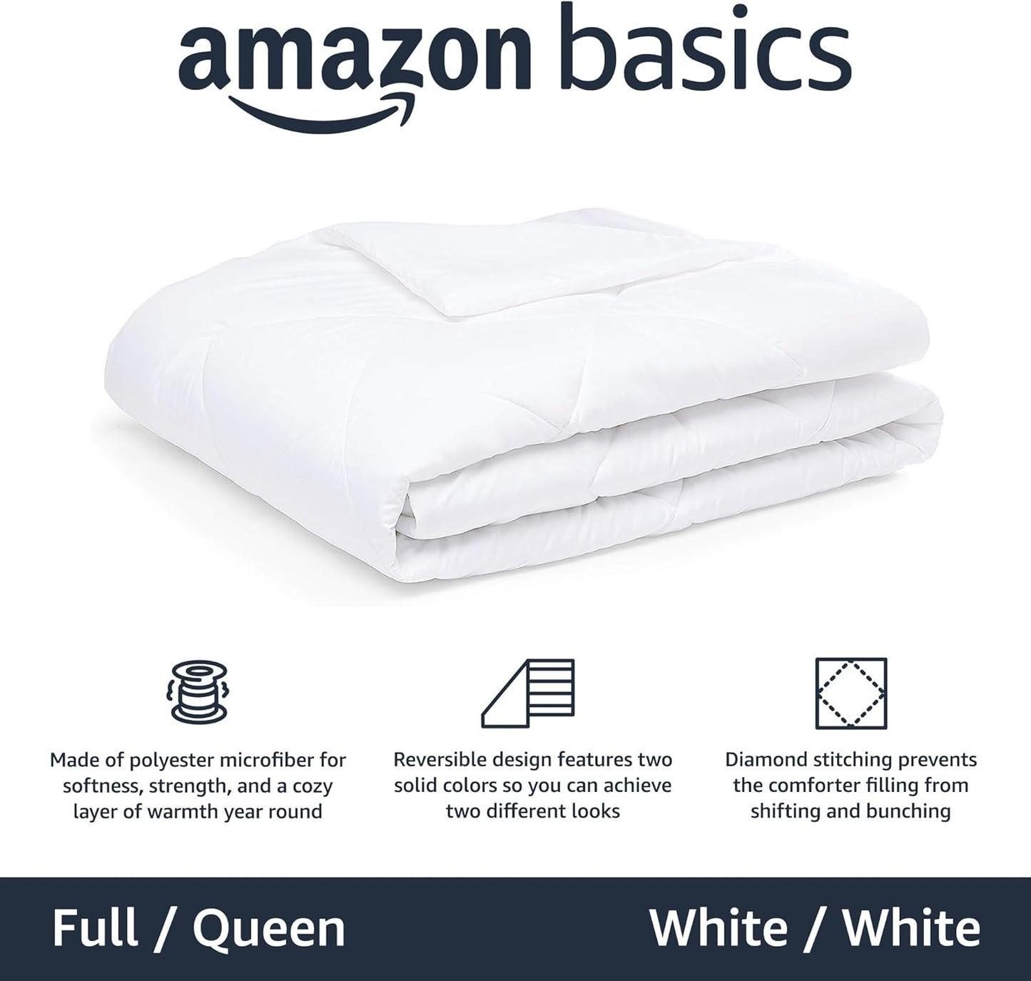 Amazon Basics Comforter Blanket Full/Queen, Reversible Lightweight Microfiber All Season Blanket, White