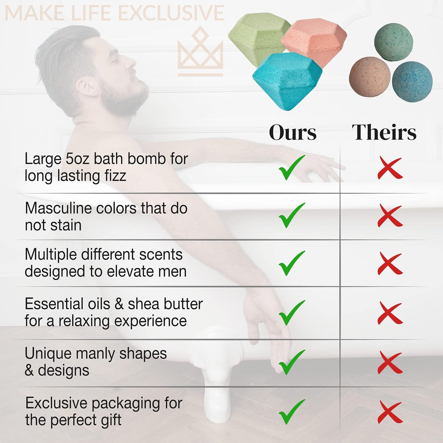 Bath Bombs for Men, Diamond Shape, Gifts for Men, 8 Large 5oz Bombs, 100% Natural Products & Essential Oils, Soak in, Bubble Bath
