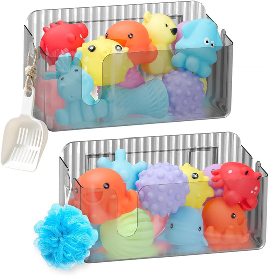 2-Pack Clear Bath Toy Storage Holder Organizer, Large Capacity Durable Plastic Bathtub Shower Caddy with Drain Holes, Quick-Dry Drainable Easy Install(Transparent Gray 2-Pack)