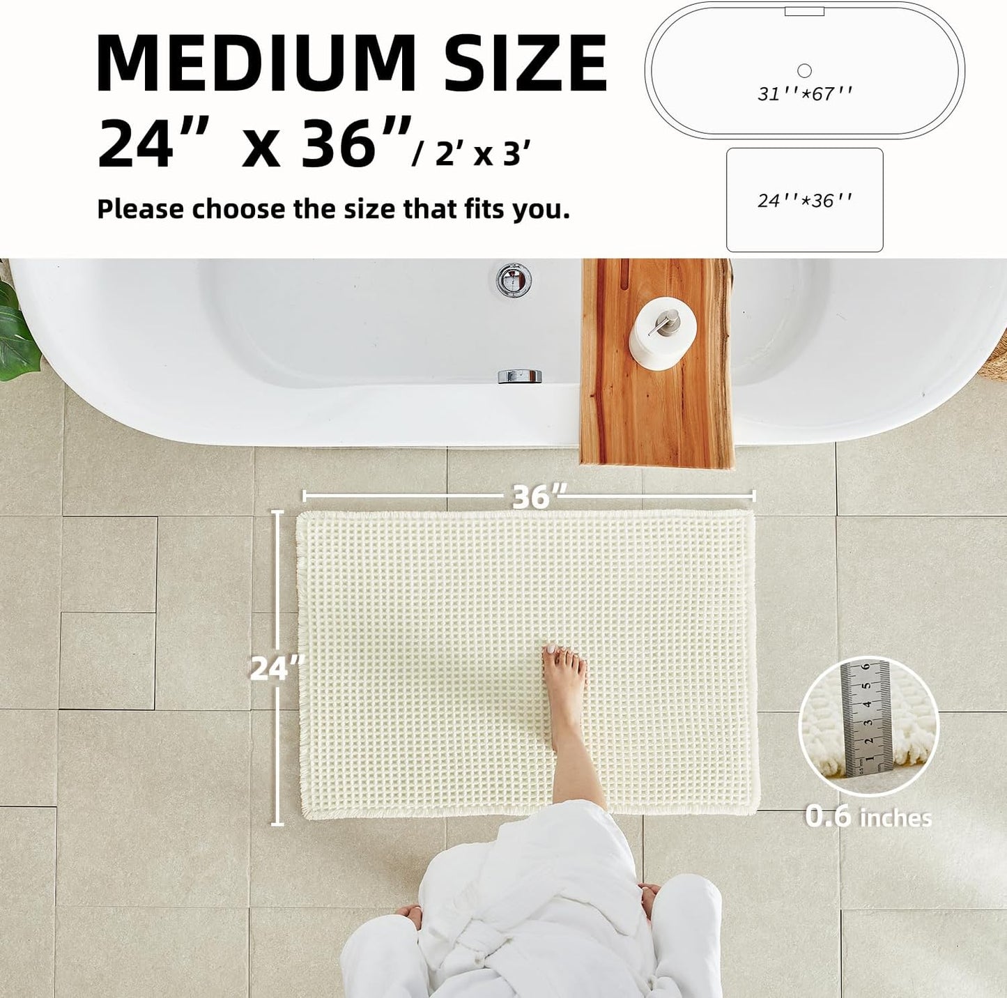 Cream White Bathroom Rugs, Waffle Bath Mat Non Slip Washable Super Absorbent Quick Dry Boho Farmhouse Bathroom Decor, 36"x24" Cream White