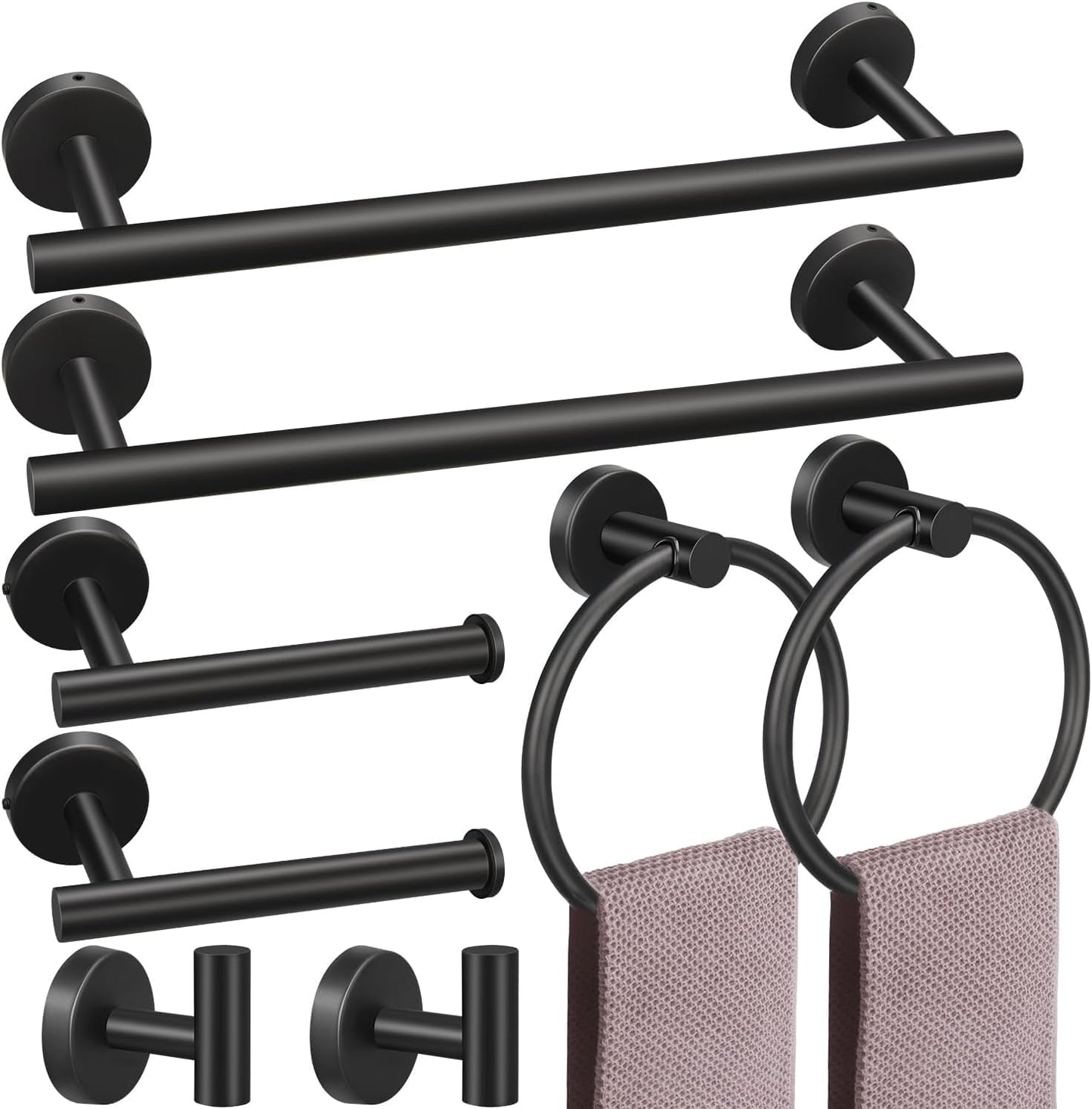 8 Pieces Bathroom Towel Rack Set, Includes 2PCS 23.6 inch Towel bar, 2PCS Towel Hook, 2 PCS Towel Ring, 2PCS Toilet Paper Holder-Matte Black Bathroom Accessories Sets