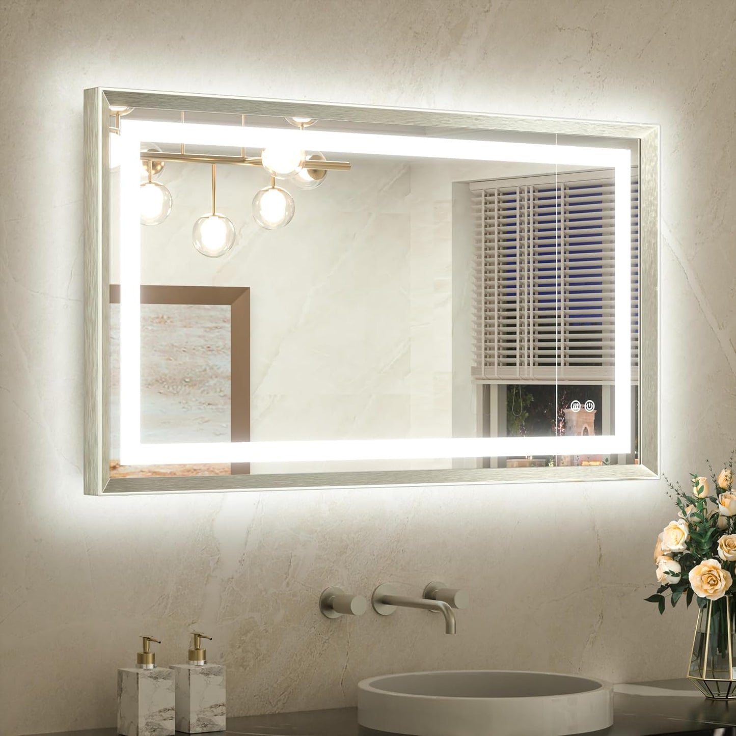 TETOTE 40 x 24 Led Mirror Brushed Bright Nickel Metal Frame Frontlit & Backlit Vanity Mirror Anti-Fog Stepless Dimmable 3 Colors White/Warm/Natural Wall Mirror with Lights Wall-Mounted