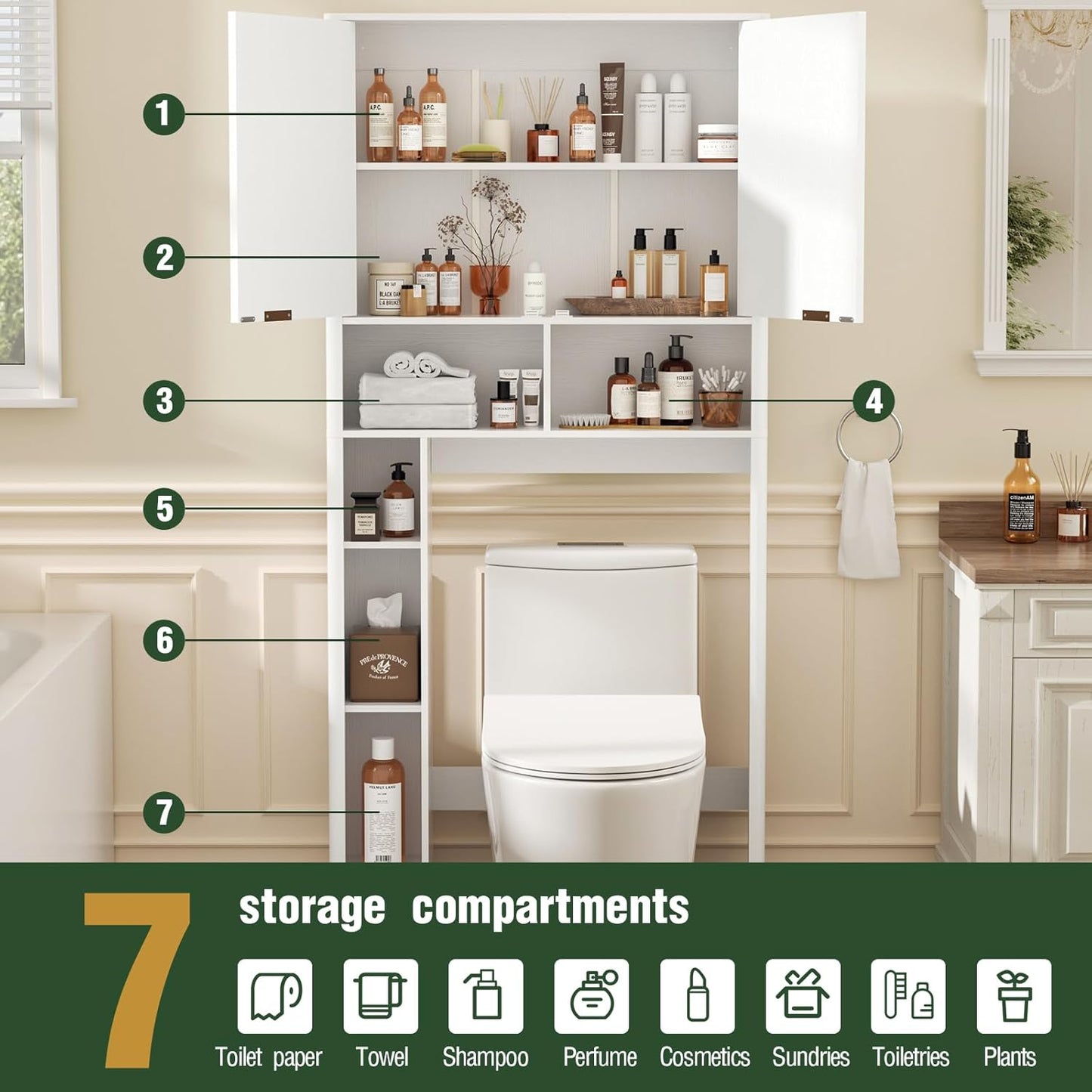 31" W Over The Toilet Storage Cabinet with Fluted Door, White Bathroom Organizer with Adjustable Shelf, Toilet Paper Holder Stand Wave Door for Restroom, Laundry Room