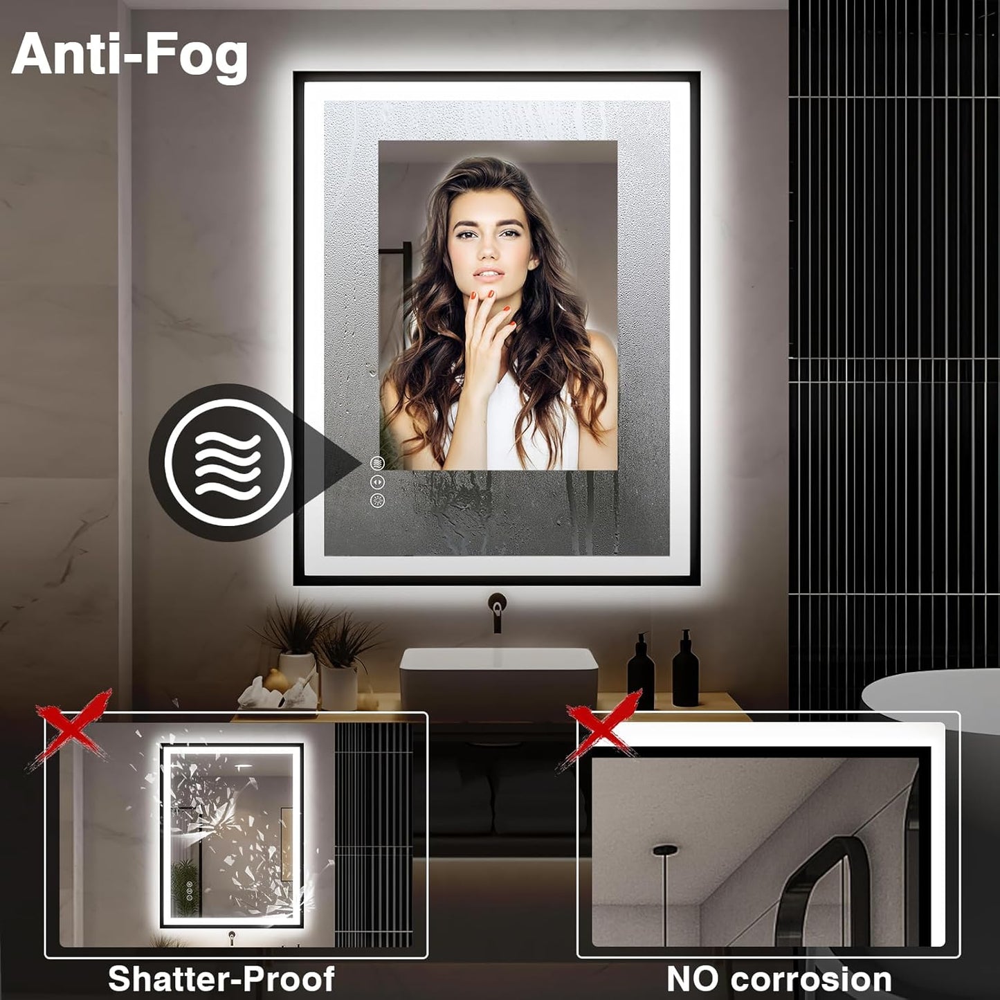 30x36 LED Bathroom Mirror with Lights - Black Framed, Front and Backlit Mirror, Anti-Fog Vanity Mirror with Lights,Stepless Dimmable LED Mirror, 3 Colors Smart(Horizontal/Vertical)