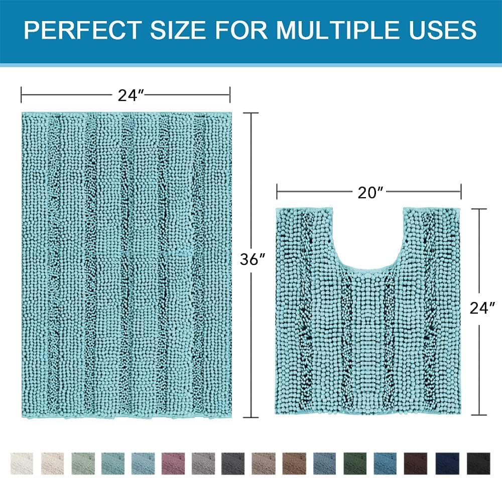 H.VERSAILTEX Bathroom Rugs Bath Rug Set 2 Piece Bathroom Contour Rug Toilet Mat Sets Non Slip Contour Bath Rug Ultra Thick Water Absorbent Striped Bath Mats(36" x 24" Plus 20" x 24" U, Aqua Haze)