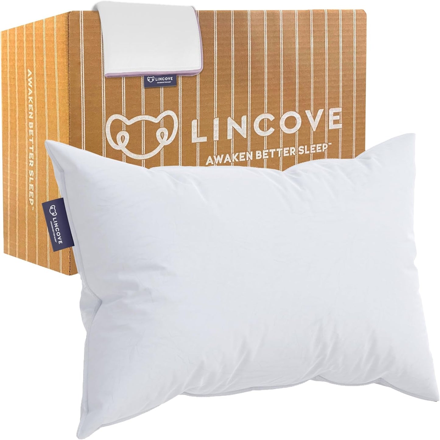 Lincove Recreation Sleeping Pillow, Filled with Premium Down, 600 Fill Power – Includes A Pillow Protector, 400 Thread Count Pillow Shell, Queen - Medium, 1 Pack