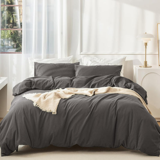 JIYUAN 100% Washed Cotton Duvet Cover Set 3 Pieces Oversized King, 1 Duvet Cover 120x98 Inches(Comforter Not Included) and 2 Pillowcases,Linen Feel Bedding Set Comfy and Breathable,Solid Dark Grey