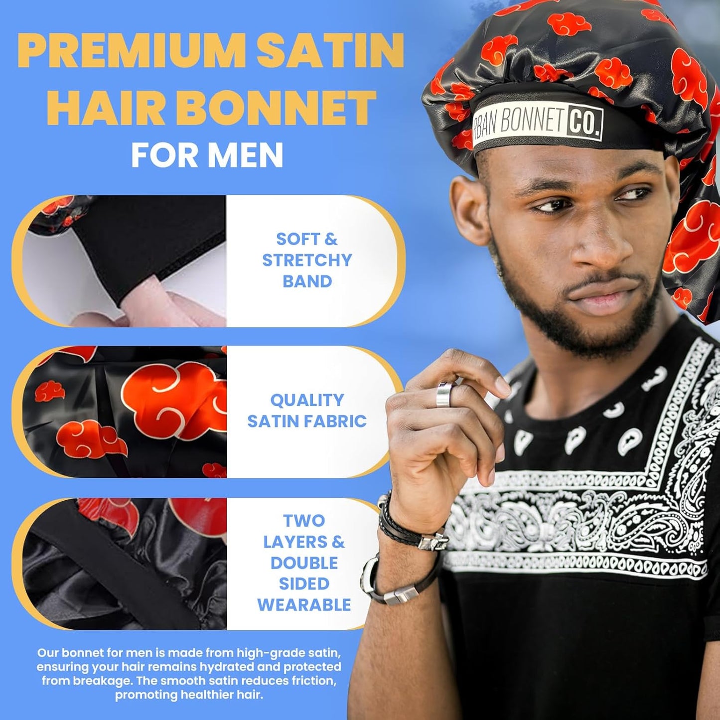 Premium Non Slip Satin Hair Bonnet for Men Curly Hair, Dreadlock Loc Cap Silk Bonnet Double Layer Sleeping & Shower Wrap Anime Bonnet Soft Band (Red Clouds)