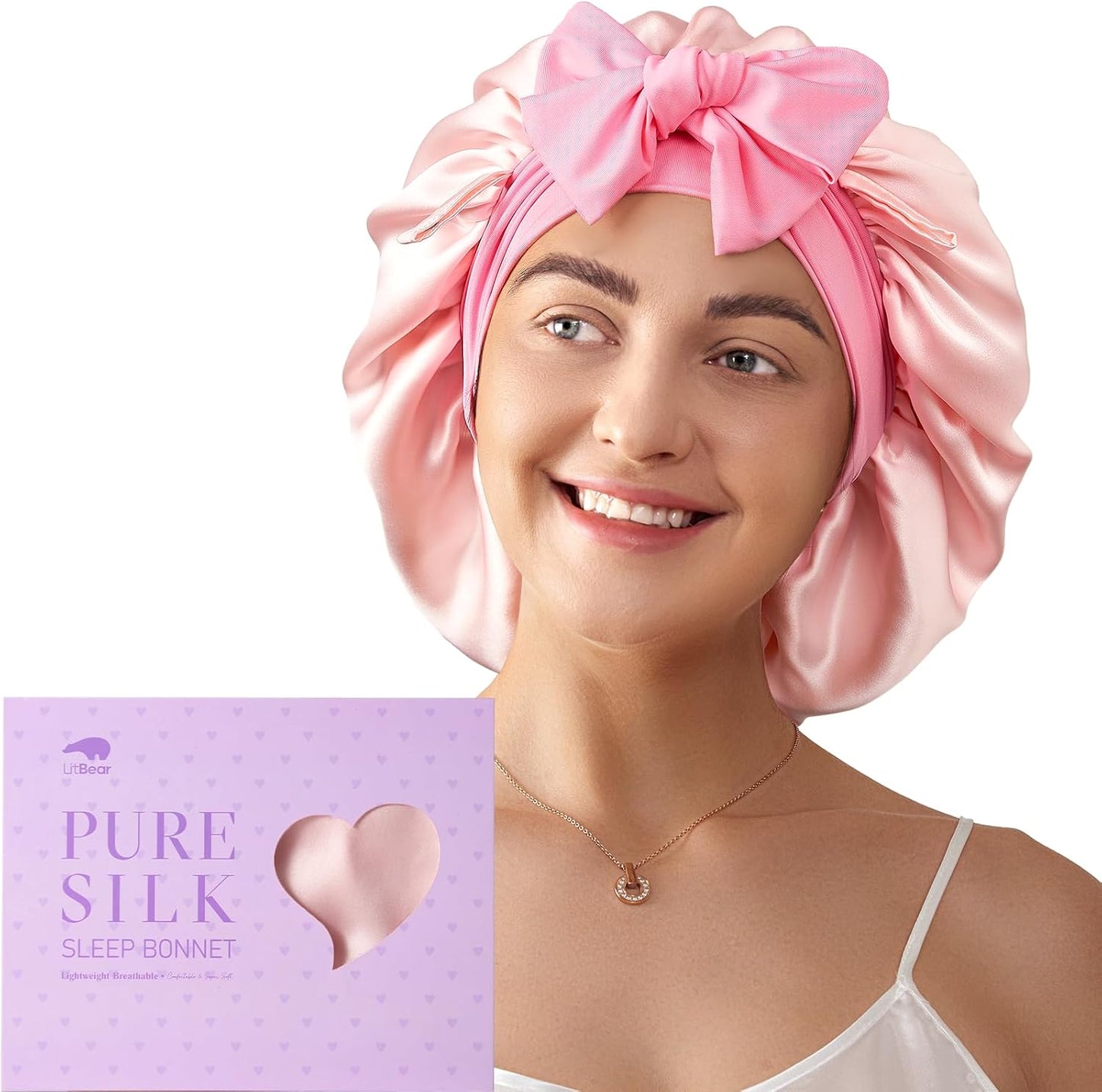 LitBear 100% Mulberry Silk Bonnet for Sleeping Women, 6A 22 Momme, Large Double-Layer Silk Hair Wrap with Tie Band