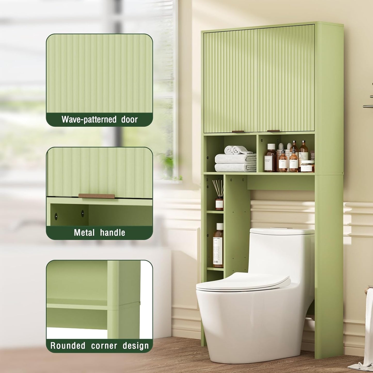 31" W Over The Toilet Storage Cabinet with Fluted Door, Green Bathroom Organizer with Adjustable Shelf, Natural Toilet Paper Holder Stand Wave Door for Restroom, Laundry Room