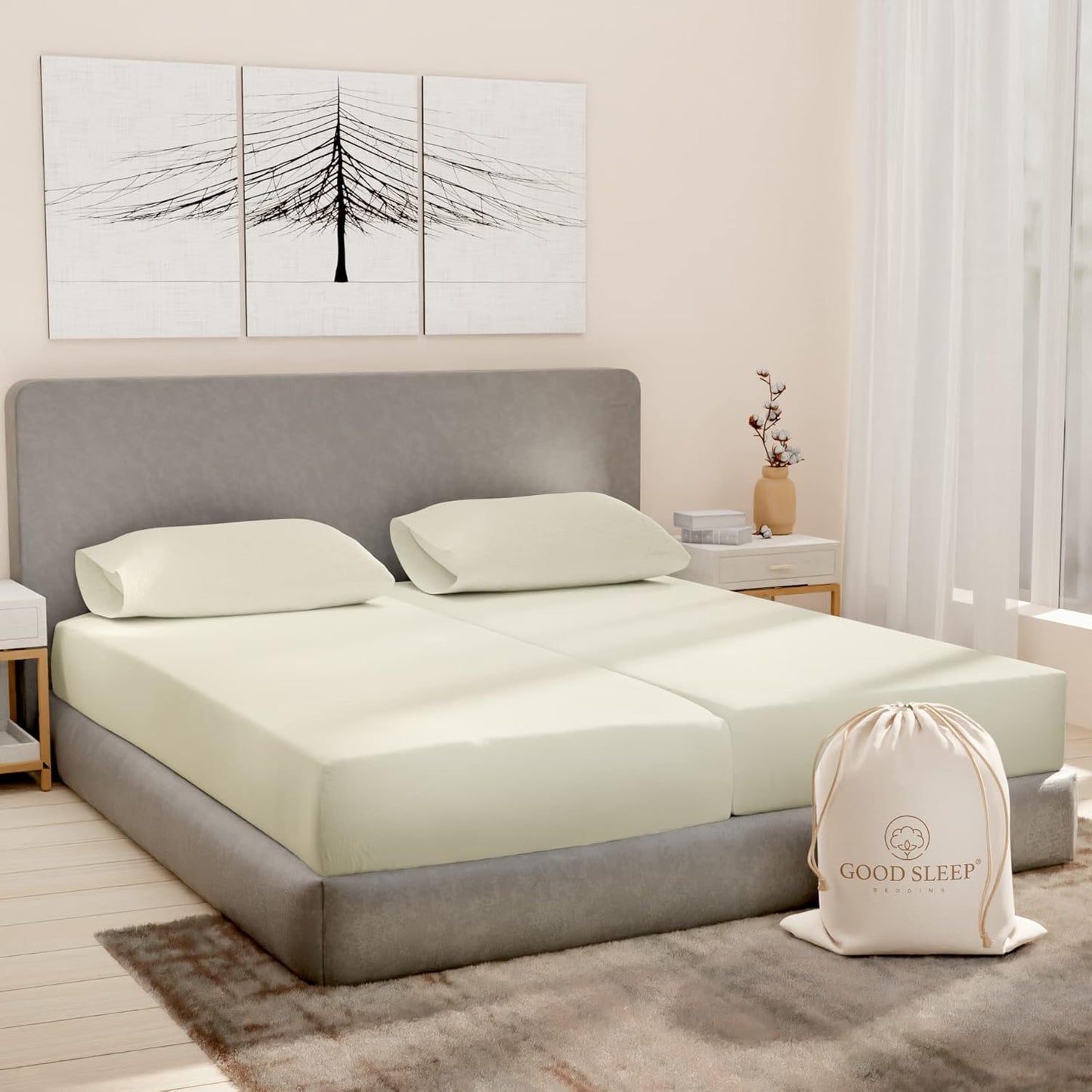 Good Sleep Bedding Split King Sheets Sets for Adjustable Bed Cotton, Luxury Sheets, Egyptian Cotton, 5 Piece Cotton Split King Sheet Set, Sateen Sheets, 2 Fitted - 16" Deep Pocket, Ivory