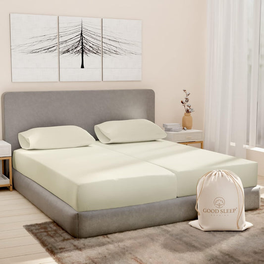 Good Sleep Bedding Split King Sheets Sets for Adjustable Bed Cotton, Luxury Sheets, Egyptian Cotton, 5 Piece Cotton Split King Sheet Set, Sateen Sheets, 2 Fitted - 16" Deep Pocket, Ivory