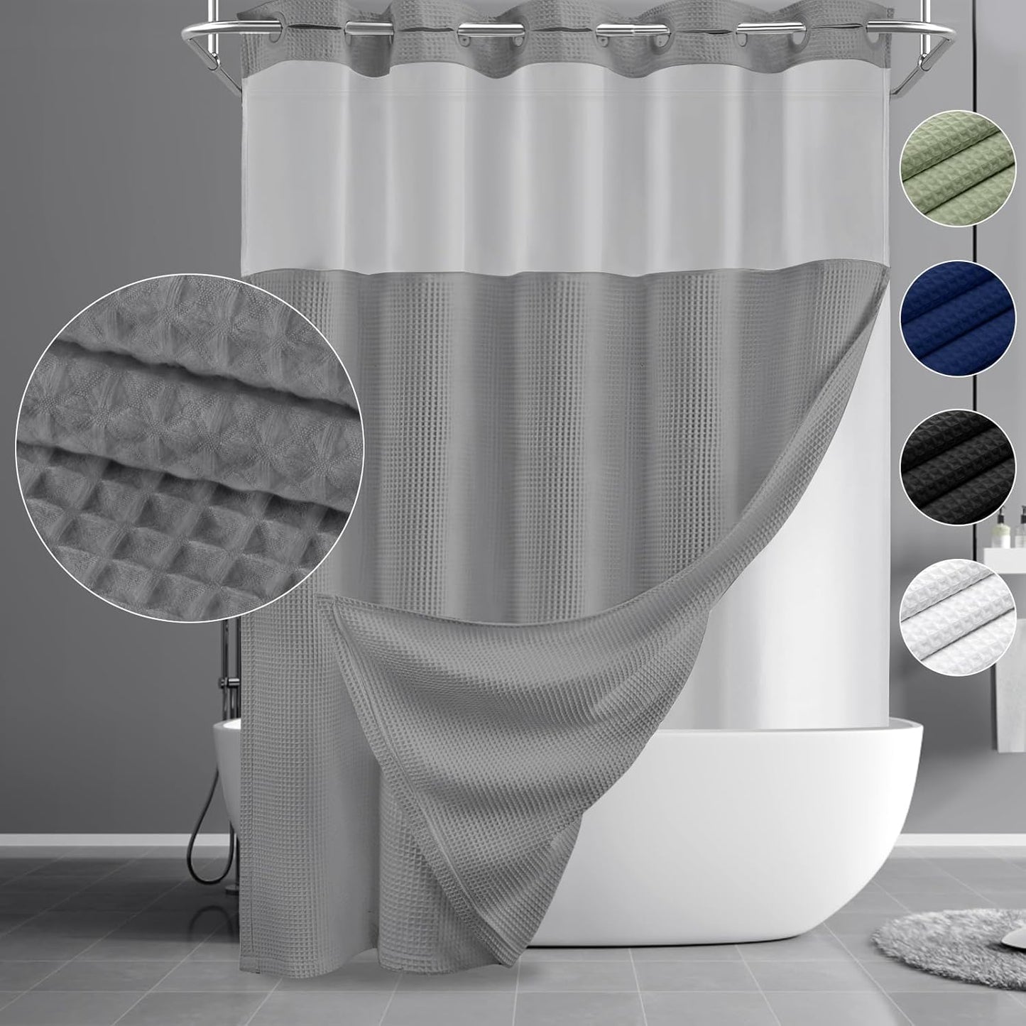 YellyHommy No Hook Shower Curtain and Liner Set Less Time Dark Grey Waffle Cotton Hotel Shower Curtain with Snap in Liner 72" Wx 75" L