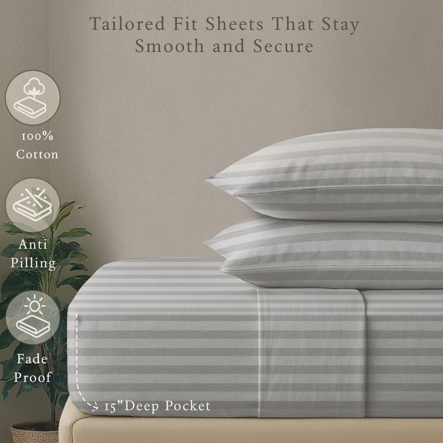 Threadmill 500 Thread Count Twin Size Damask Stripe, 3 Pc Luxury Cotton Bedding Set, Breathable Light Grey Sheets with 15" Elasticized Deep Pocket, 1 Pillowcase & Free Tote Bag