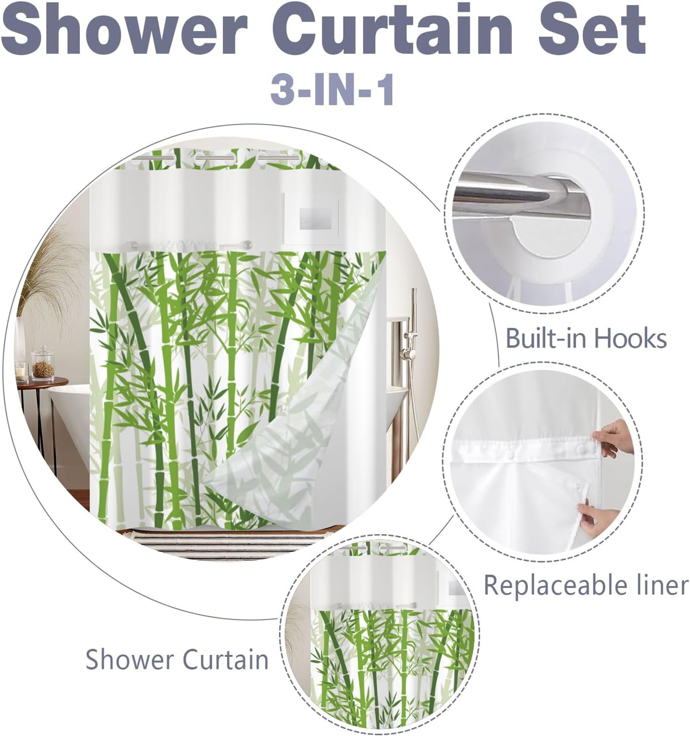 Bamboo Shower Curtain No Hooks with Snap-in Liner,Spring Bamboo Shower Curtains,Watercolor Fabric Green Shower Curtain Set,with See Through Top Window for Bathroom Decor,71 x 74 Inch
