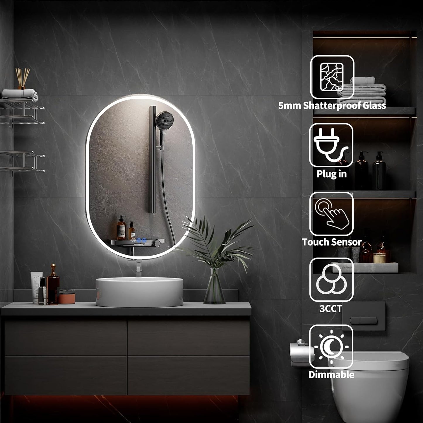 Bathroom Mirror 28"x48" LED Bathroom Mirror with Lights, Anti-Fog, Dimmable Oval Mirrors with Front Light and Backlit, Modern Farmhouse Wall Mounted Mirror for Decorative