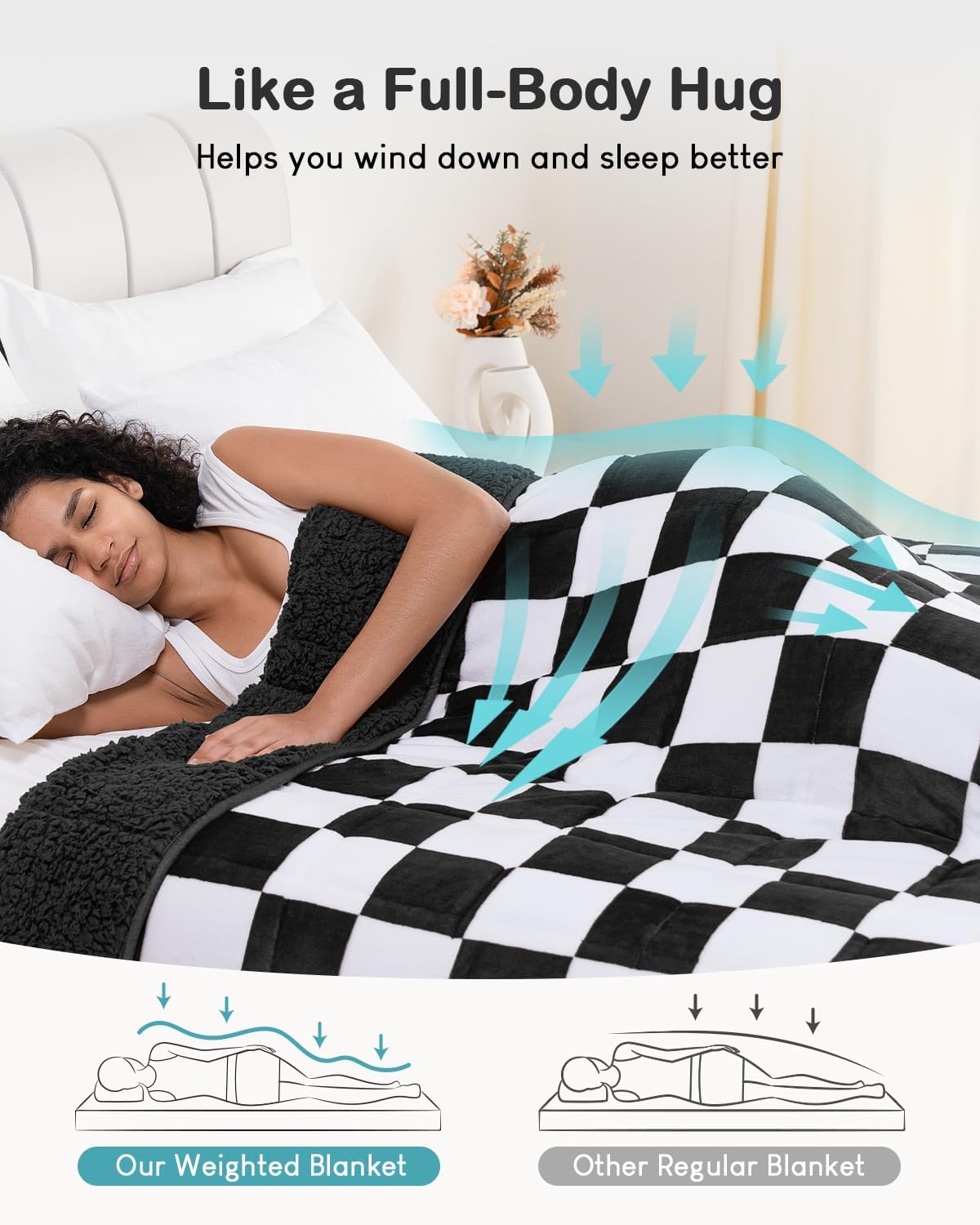 Weighted Blanket for Adults, 12lbs Sherpa Flannel Weighted Blanket Queen Size, Soft Fluffy Fleece Checkerboard Weighted Blankets for Calming and Relax, Plaid Black, 60" x 80"