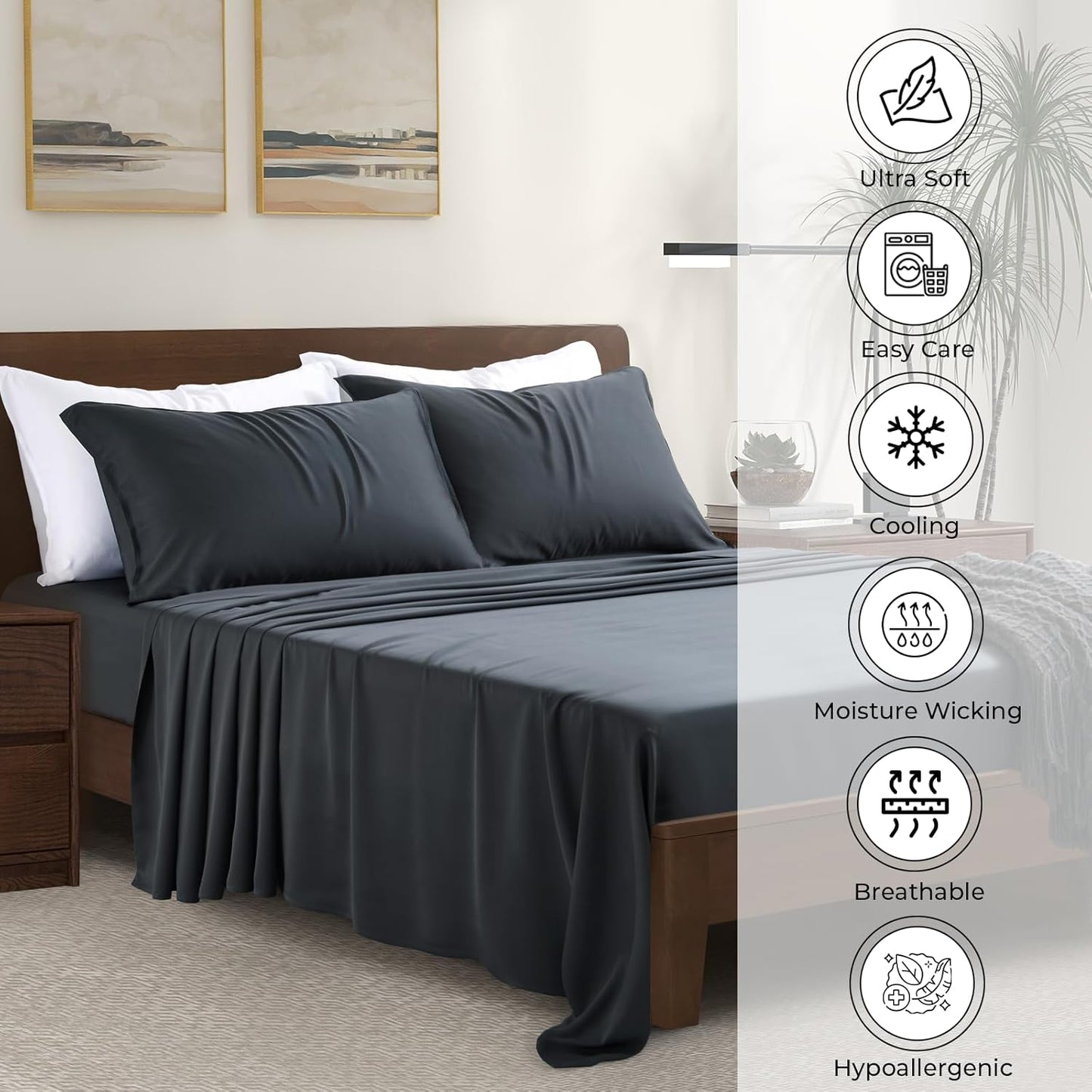 Luxury Bamboo Market | King Size Bed Sheet Set | 100% Viscose Made from Bamboo | Organically Grown | Ultra Soft | Cooling Sheets for Hot Sleepers | 17" Deep Pocket [Charcoal Grey]