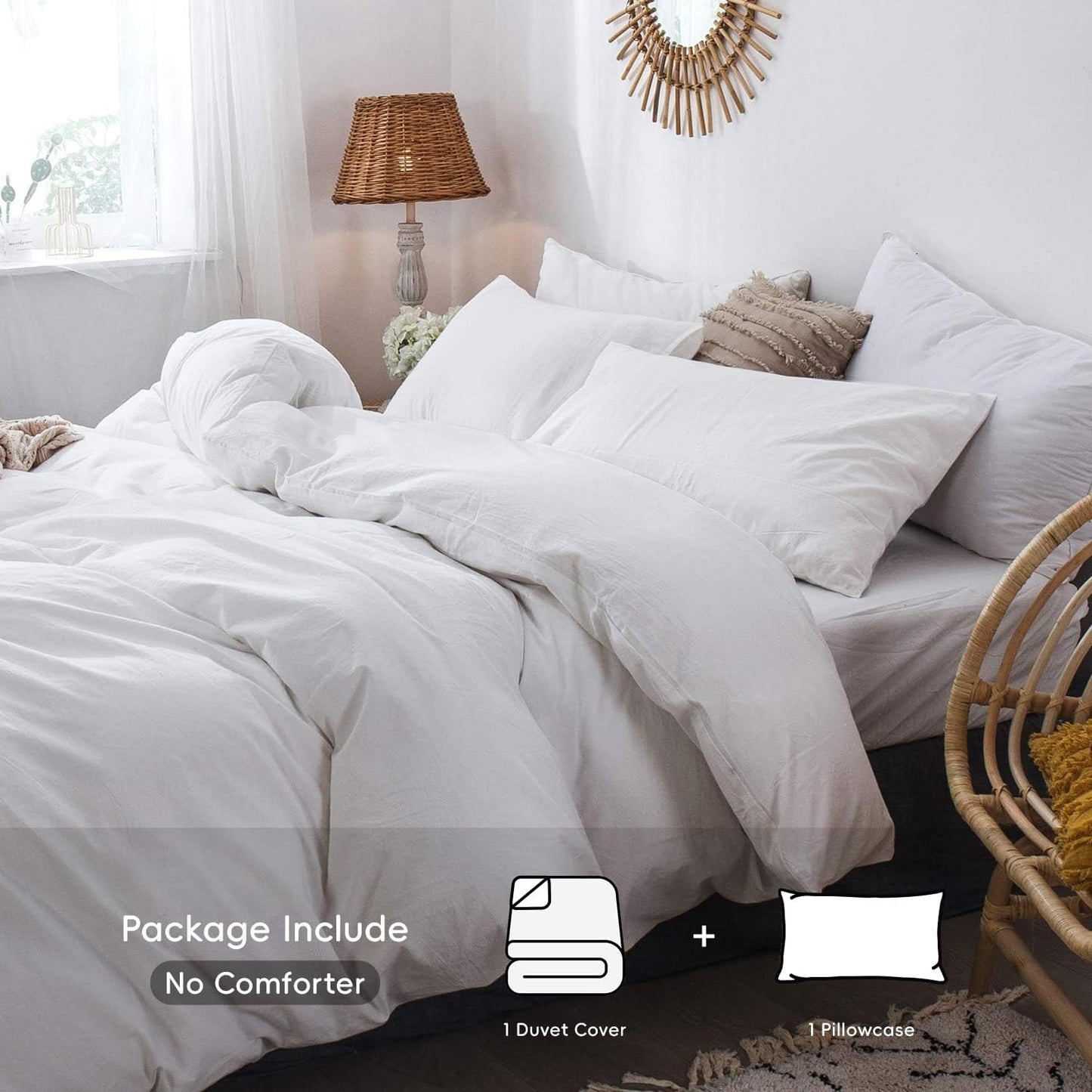 MooMee Bedding Duvet Cover Set 100% Washed Cotton Linen Like Textured Breathable Durable Soft Comfy (Solid Off White, Twin 68"x90")