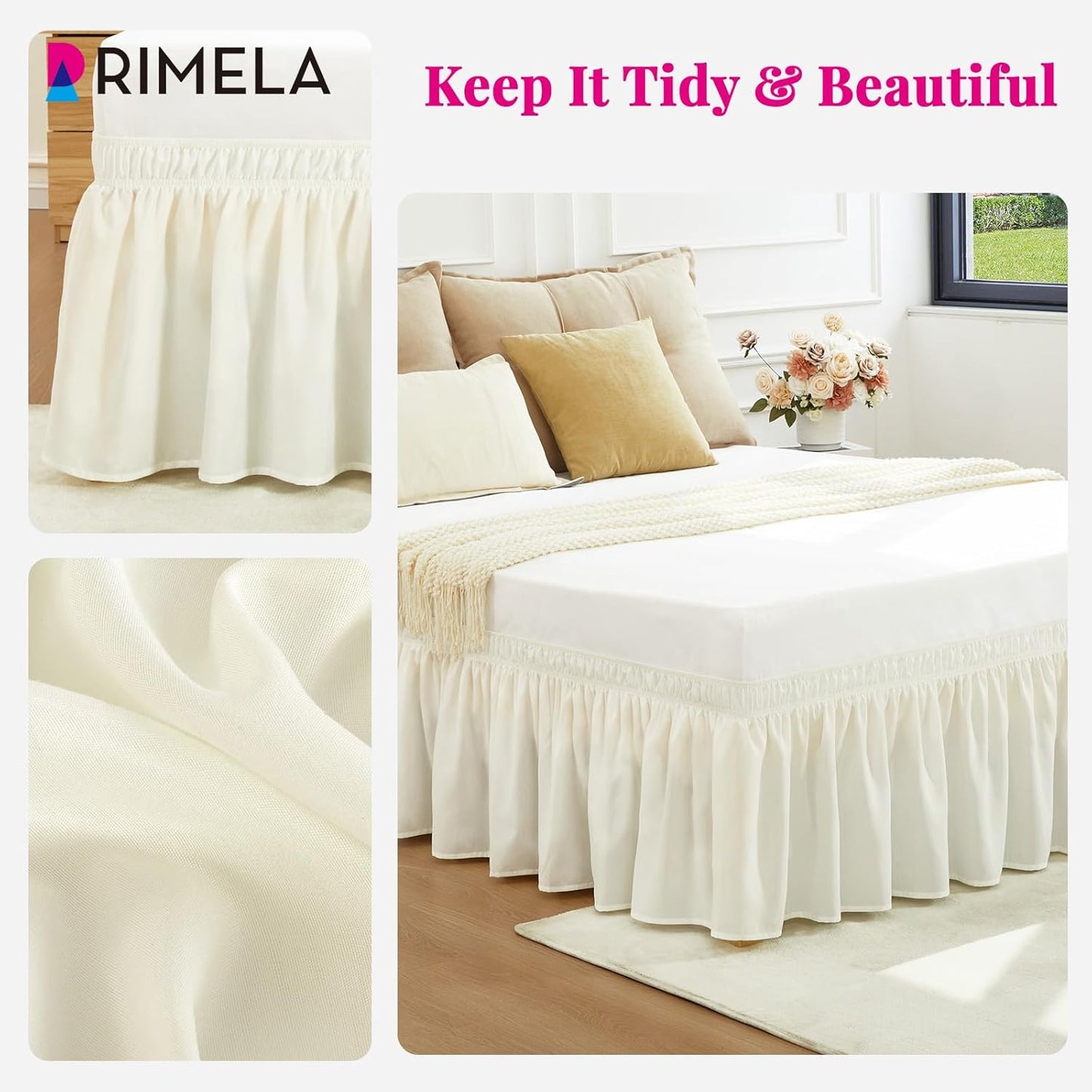 RIMELA Queen Bed Skirt 14 Inch Drop Ivory White, Wrap Around Elastic Bed Skirts Queen Size Dust Ruffle, Bedskirt for Adjustable Bed Base Solid Silky Fabric Machine Washable Easy to Install