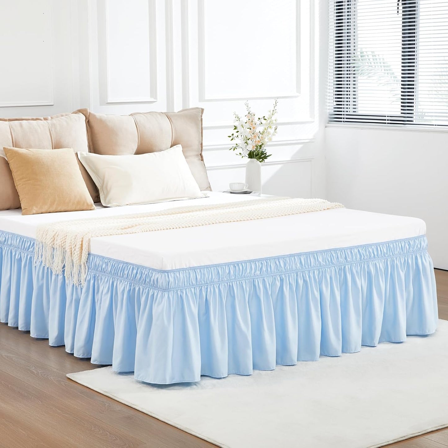 RIMELA Light Blue Bed Skirt King Size 15 Inch Drop, Elastic Bed Skirting for Bed Base and Frame, Bedding Dust Ruffle Easy to Install, Lightweight Wrap Around Adjustable Bedskirt