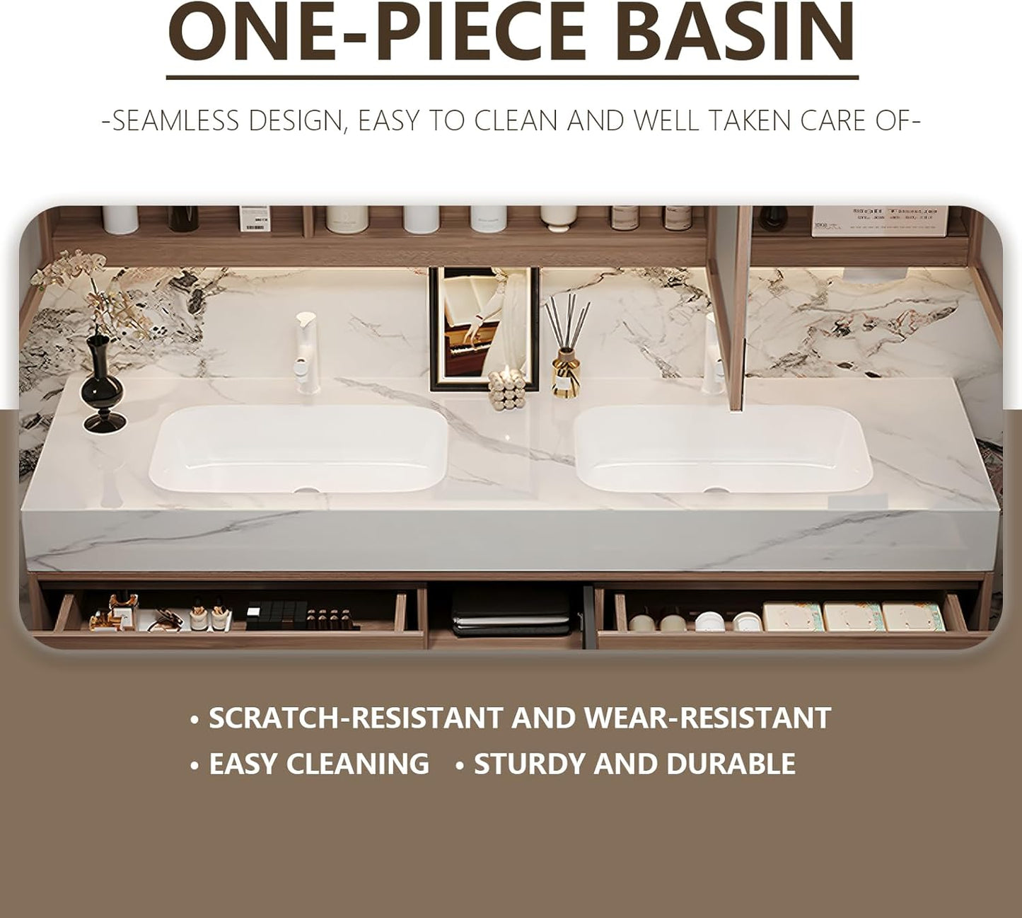 92IN Bathroom Vanity with Double Sink, Modern Bathroom Vanity with LED Smart Defog Mirror Cabinet & Integrated Ceramic Sink, Floating Vanities with Drawers and Glass Cabinet Door (Walnut)