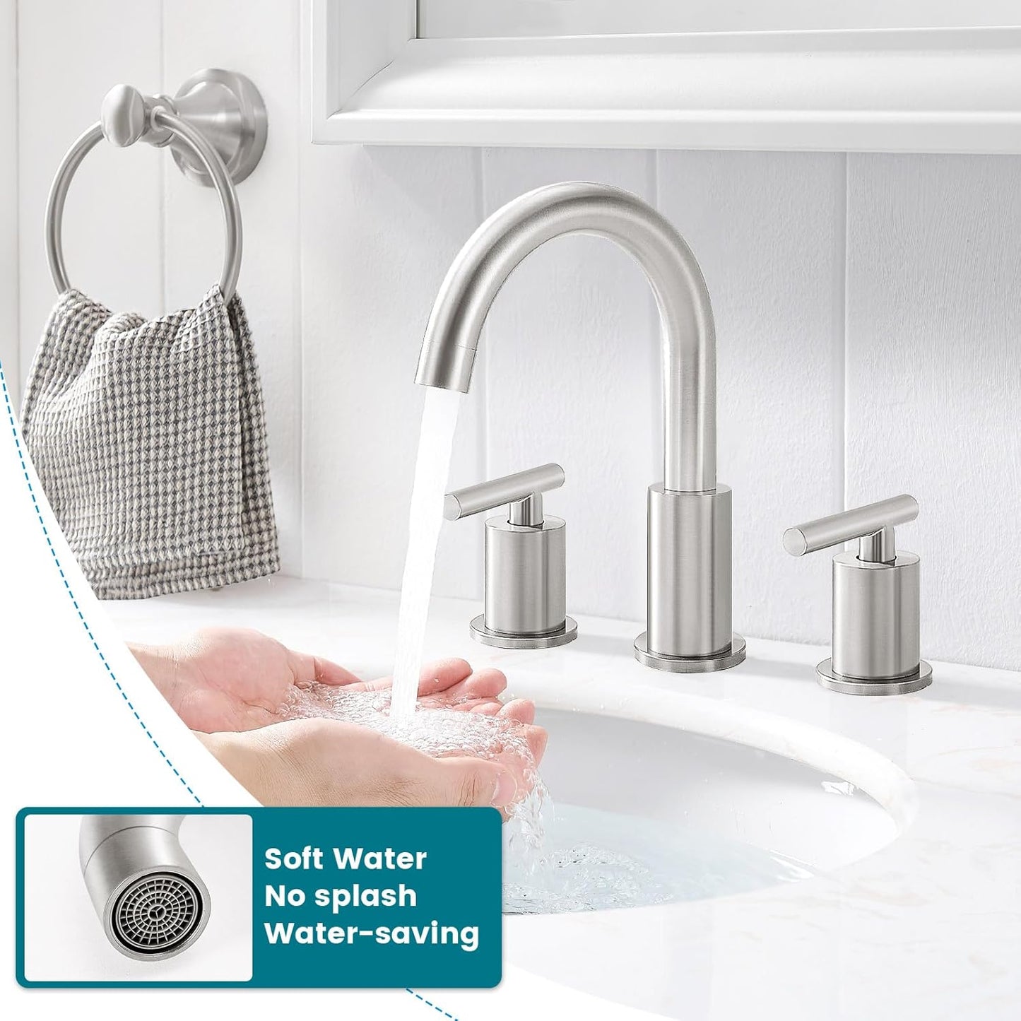 8 Inch Widespread Bathroom Faucet 3 Hole with Pop-up Drain, 2 Handle Bathroom Sink Faucet, Modern Vanity Faucet for Bathroom Sink with 360° Swivel Spout（Brushed Nickel）