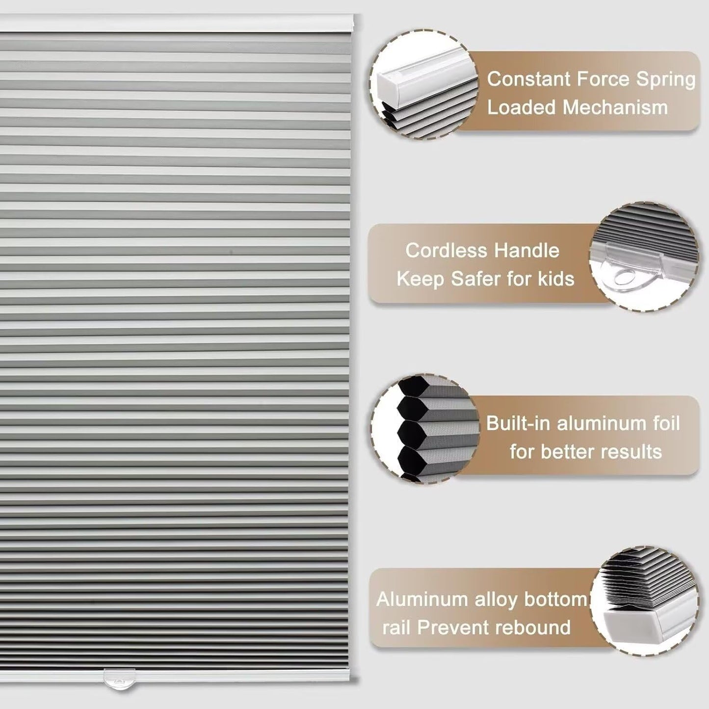 MYshade 1.5-Inch Cellular Cordless Blackout Shades,Thermal Insulating Noise Reducing Waterproof Blinds,Honeycomb Window Treatments for Indoor Light Control (Grey-21 W x 50" H)