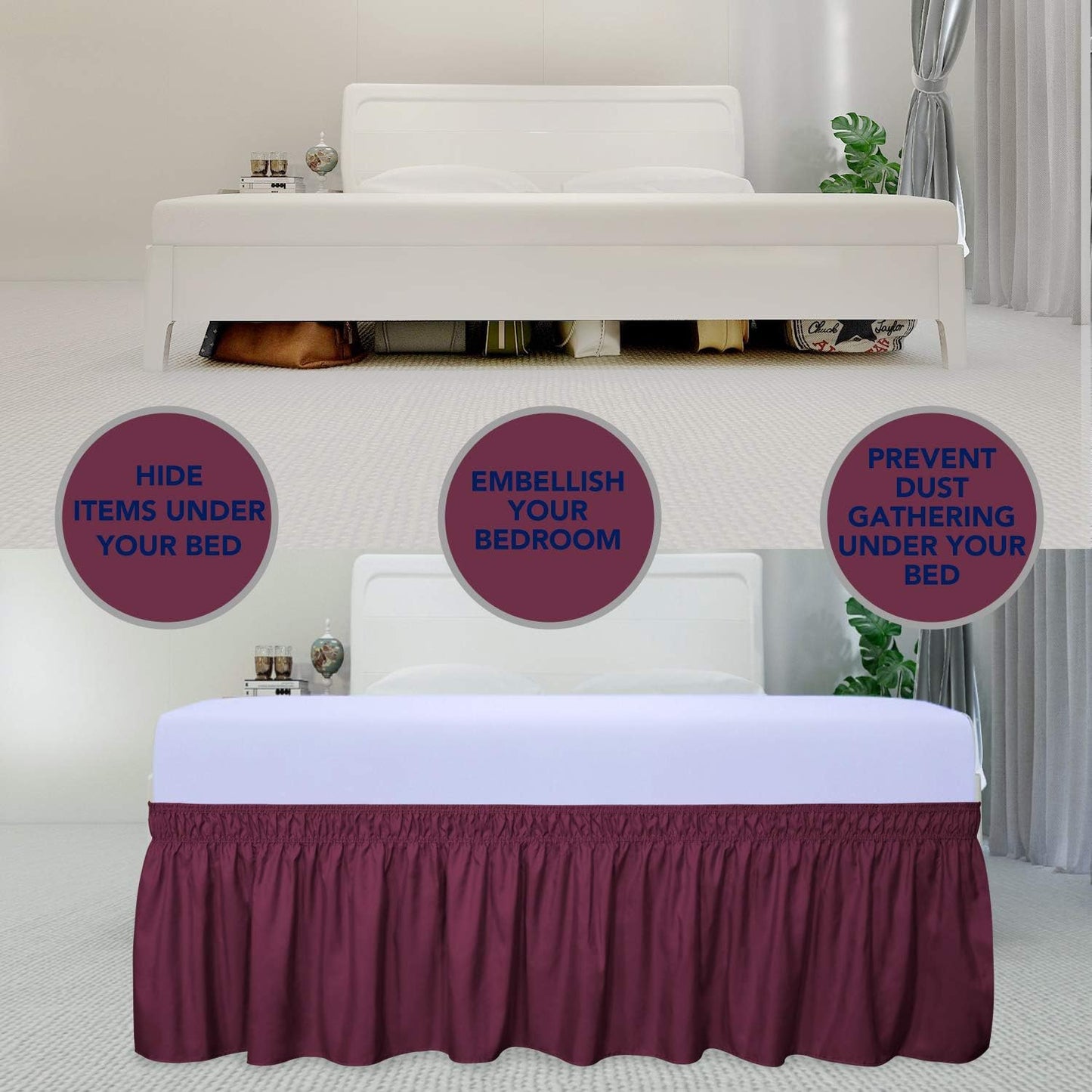 PureFit Wrap Around Ruffled Bed Skirt with Adjustable Elastic Belt - 14 Inch Drop Easy to Put On, Wrinkle Free Bedskirt Dust Ruffles, Bed Frame Cover for Queen, King and C-King Size Beds, Wine