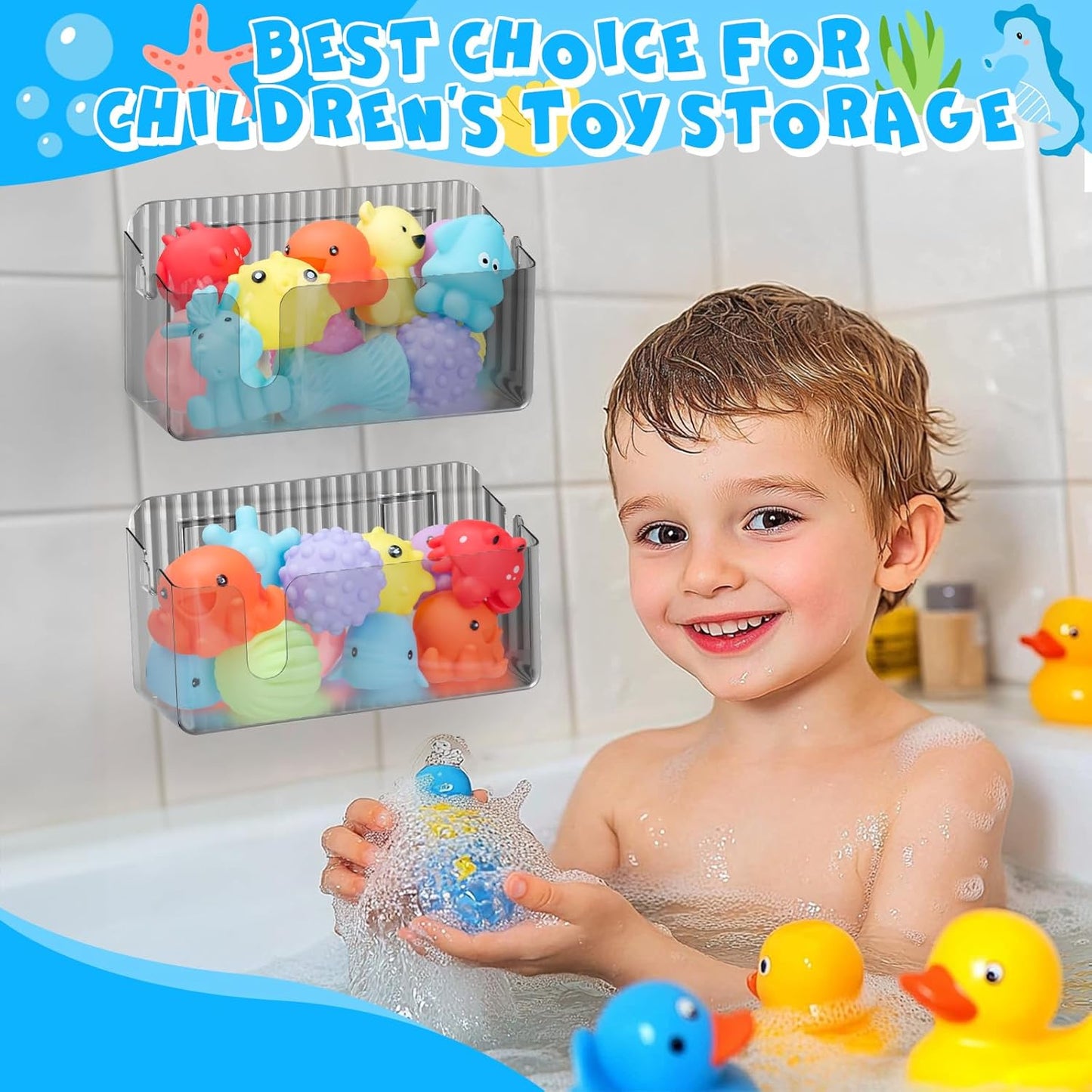 2-Pack Clear Bath Toy Storage Holder Organizer, Large Capacity Durable Plastic Bathtub Shower Caddy with Drain Holes, Quick-Dry Drainable Easy Install(Transparent Gray 2-Pack)