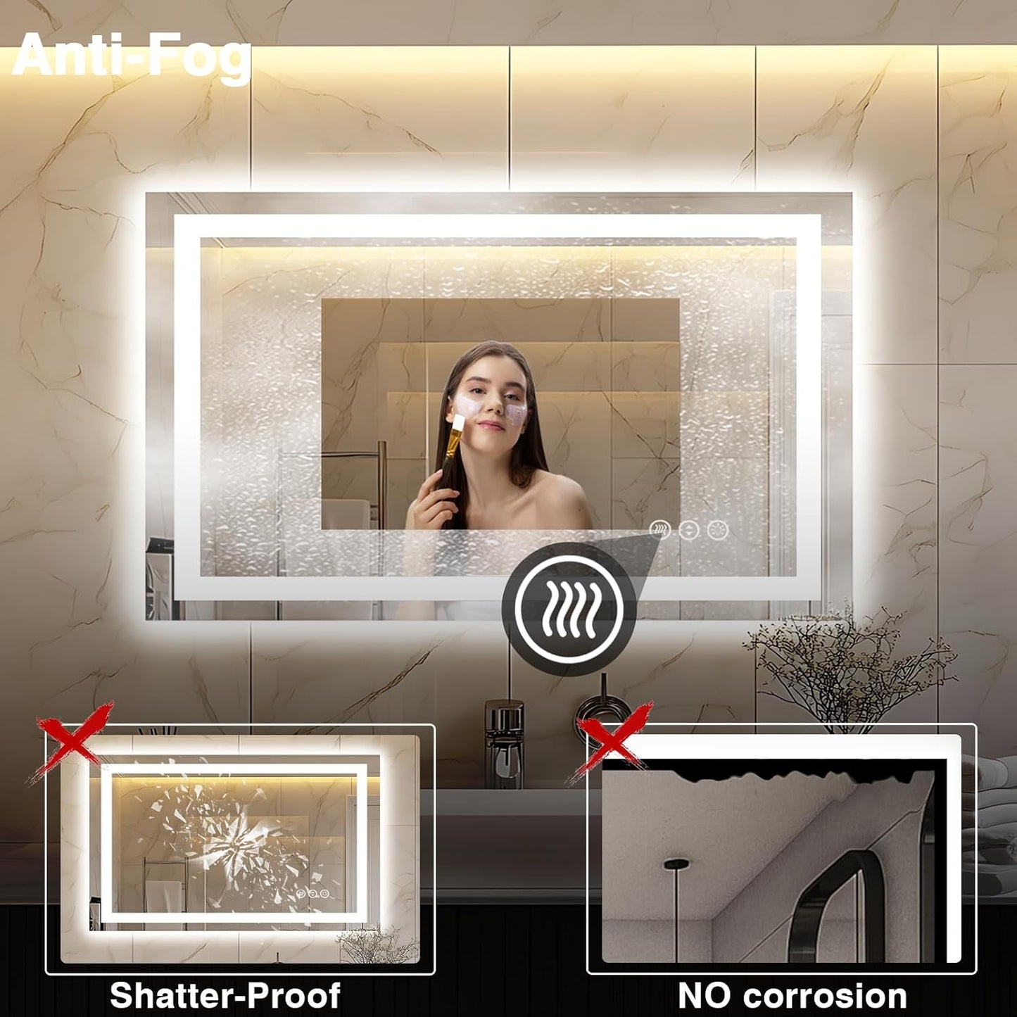 40"x24" LED Bathroom Mirror, Front and Backlit, Anti-Fog Bathroom Vanity Mirror, Stepless Dimmable Lighted, 3 Colors Smart Mirror (Horizontal/Vertical)