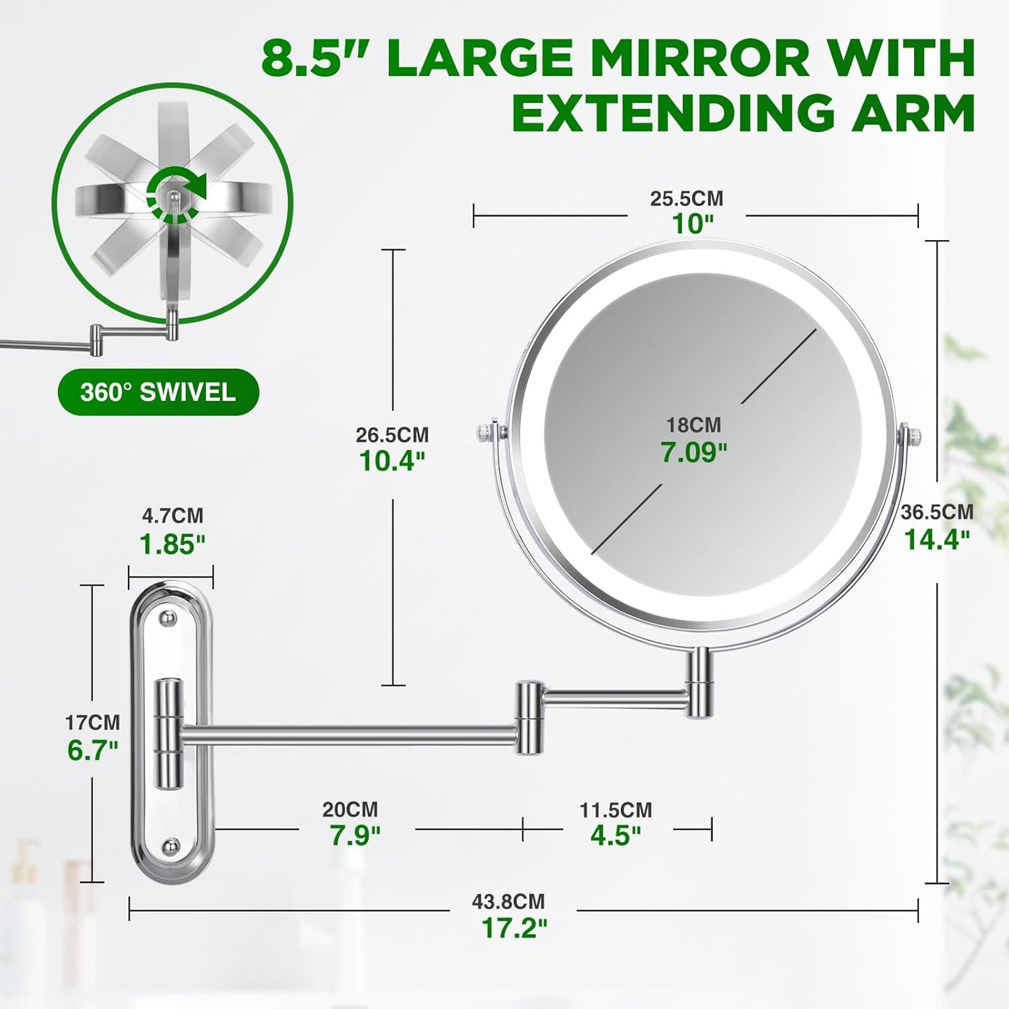 30X Wall Mounted Makeup Mirror, 3 Color Modes & Adjustable Light, Bathroom Vanity Makeup Mirror with 360 Rotation Extendable Swivel Arm,Double Side Magnifying Mirror - Chrome