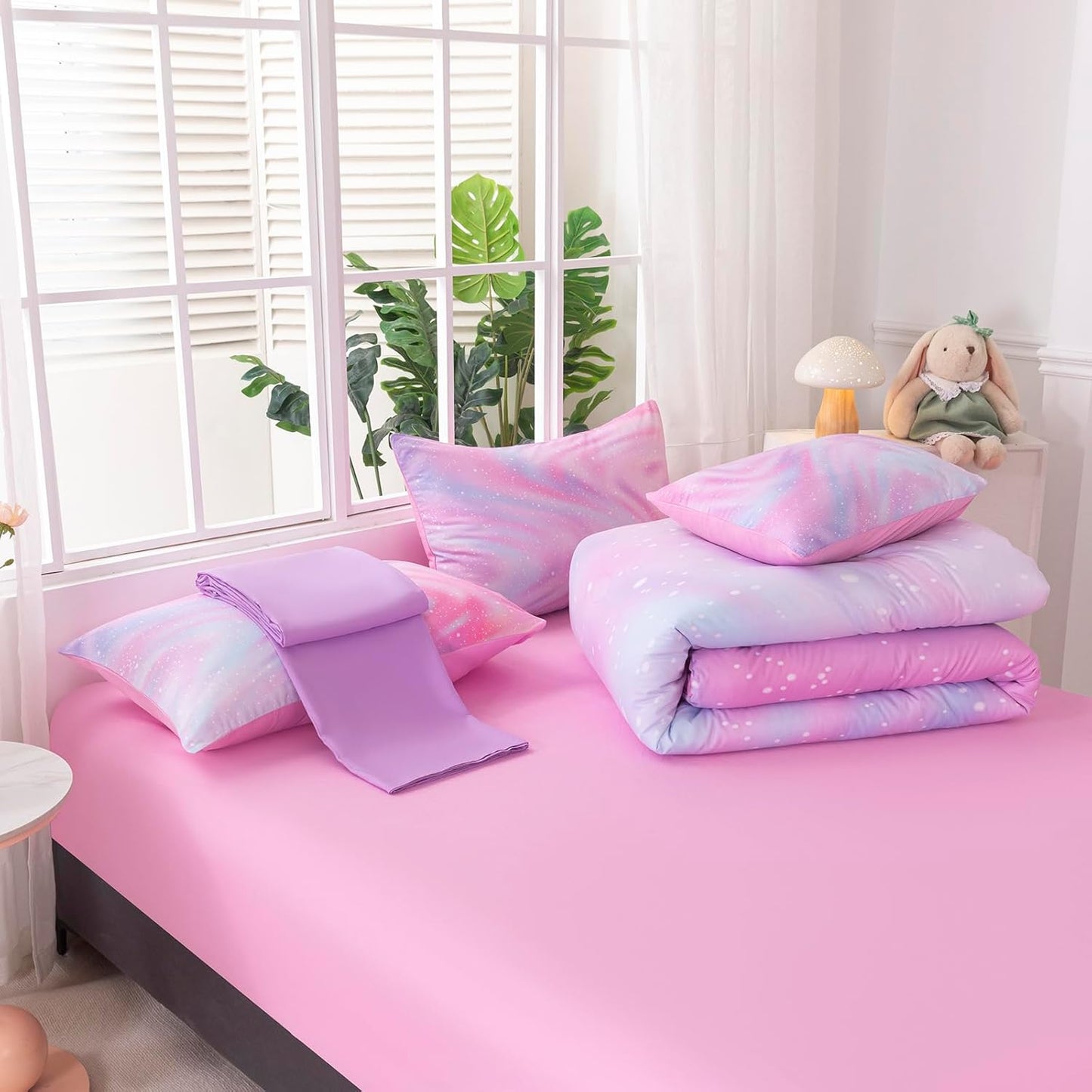 4Pcs Girls Comforter Sets Queen for Girls Kids, Gradient Colorful Rainbow Bedding Set Queen Bed in A Bag (1 Comforter, 1 Flat Sheet, 2 Pillowcases)