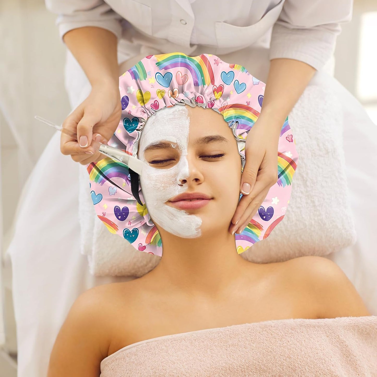 2 PCS Bonnets for Women Girls Satin Hair Bonnet Silk Adjustable Elastic Double Layer Hair Wrap Sleep Cap Comfort Cute-Rainbow Heart