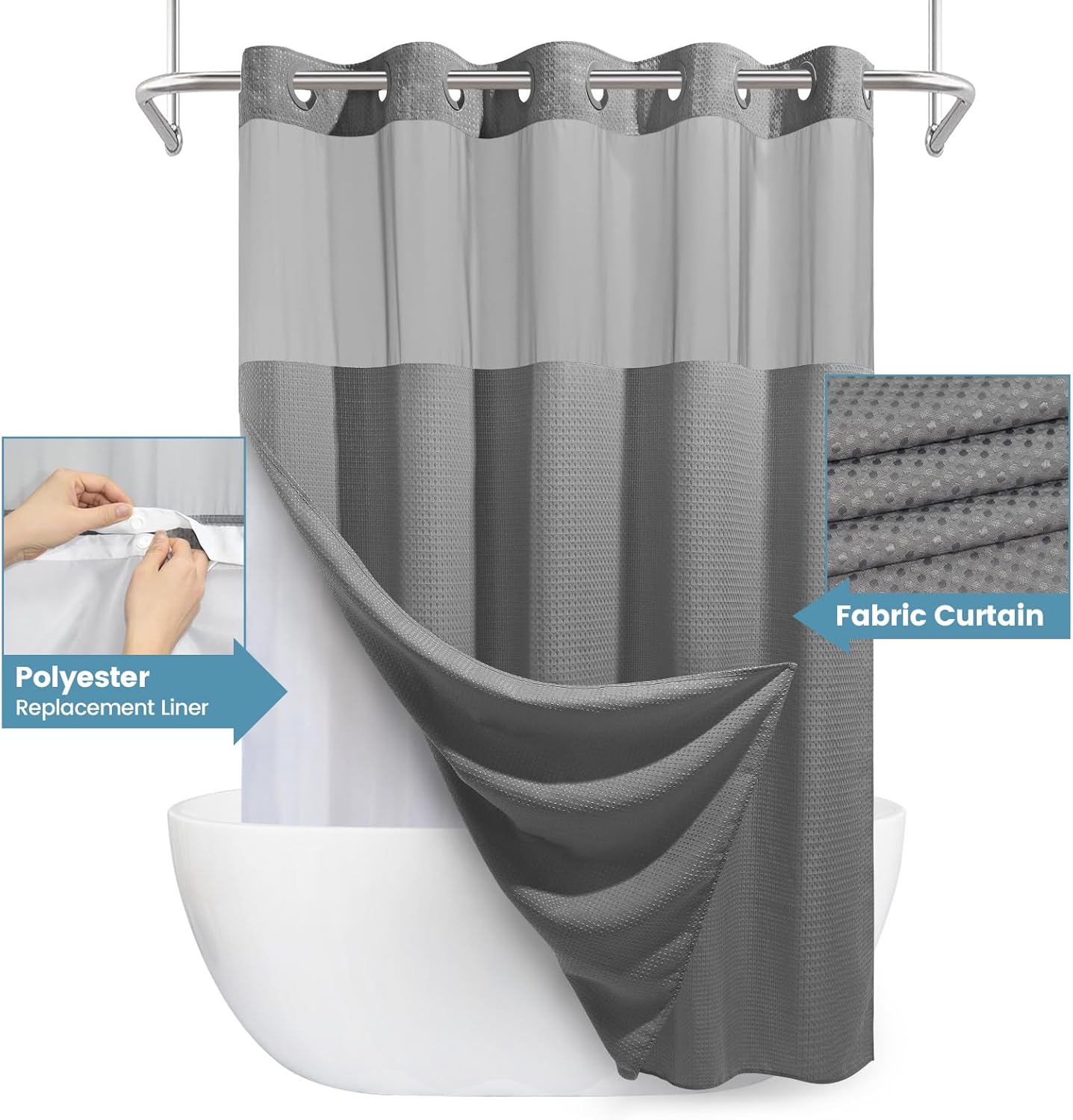 Long No Hook Shower Curtain with Snap in Liner,230GSM Waffle Weave Shower Curtains for Bathroom,71W x 77H(75"),Grey