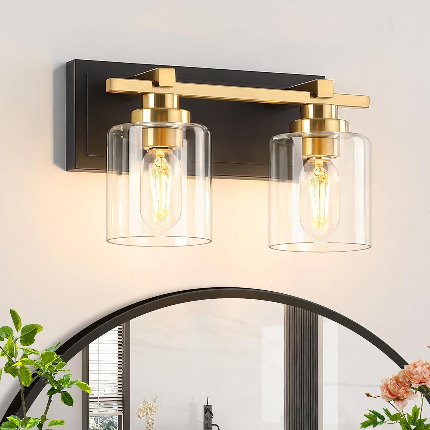 2 Light Modern Bathroom Light Fixtures Over Mirror, Black Gold Vanity Lights for Bathroom Wall Sconces with Clear Glass Shades, E26 Socket (Bulbs Not Included)
