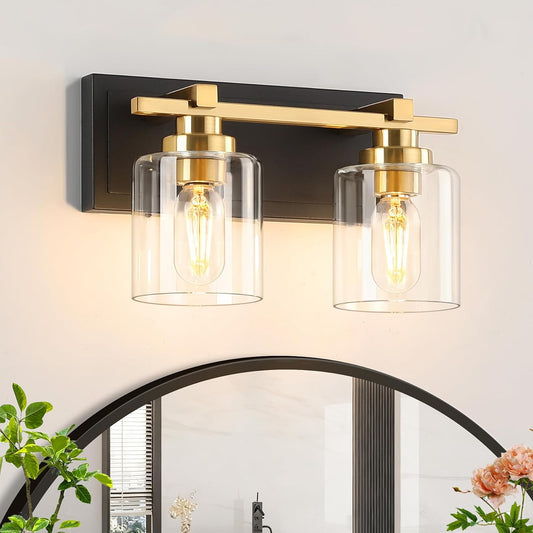 2 Light Modern Bathroom Light Fixtures Over Mirror, Black Gold Vanity Lights for Bathroom Wall Sconces with Clear Glass Shades, E26 Socket (Bulbs Not Included)