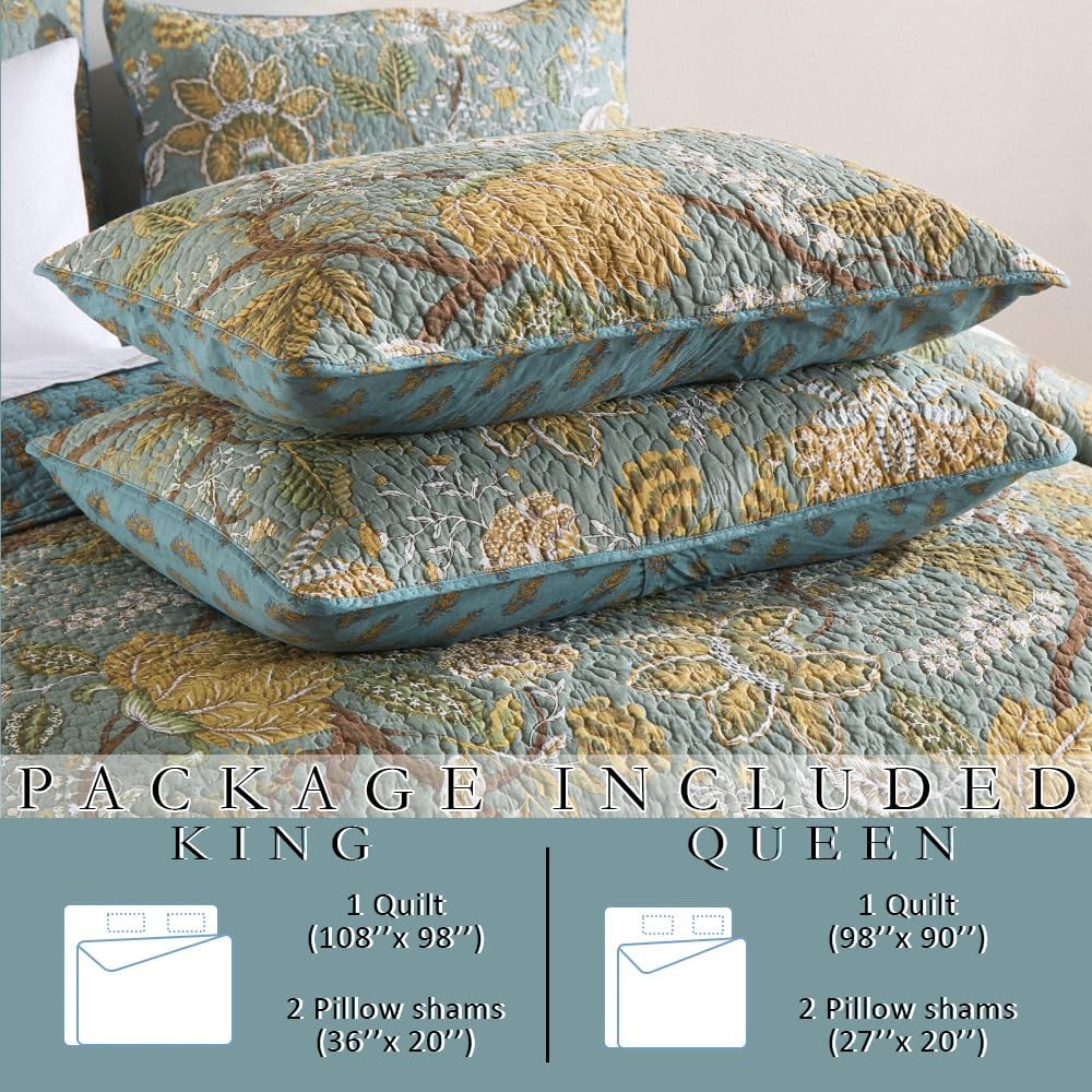 Cotton Bedspread Bedding Coverlet Quilt Sets, Reversible Vintage Branch Floral Bedspread comforters, (Rustic Sage Green Floral Pattern, Queen Size)