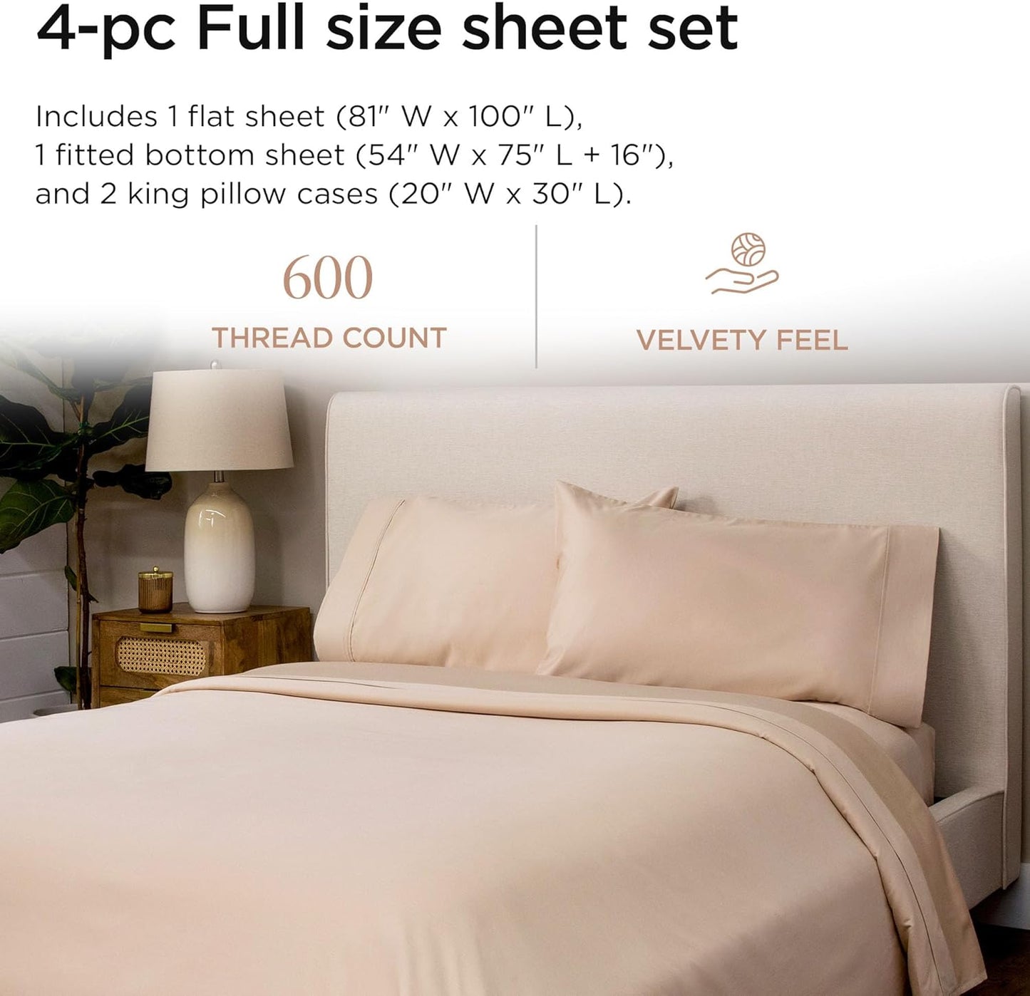 Threadmill 100% Cotton Sheets for Full Size Bed - 600 Thread Count Full Bed Sheets Set with 16” Deep Pocket - Sateen Weave 4-Piece Bedding Set with Cooling Effect, Beige