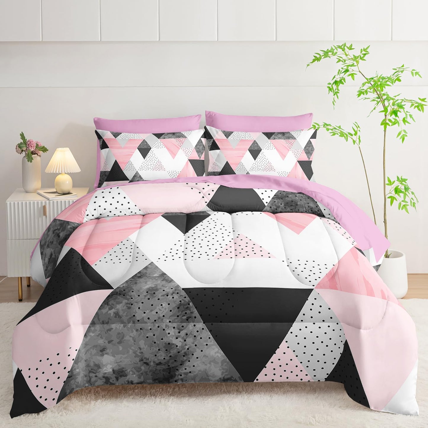 Twin Size Comforter Set - 7 Piece Pink & Gray Triangle Geometric Bedding, Ultra Soft Microfiber, Modern Aesthetic, All Season