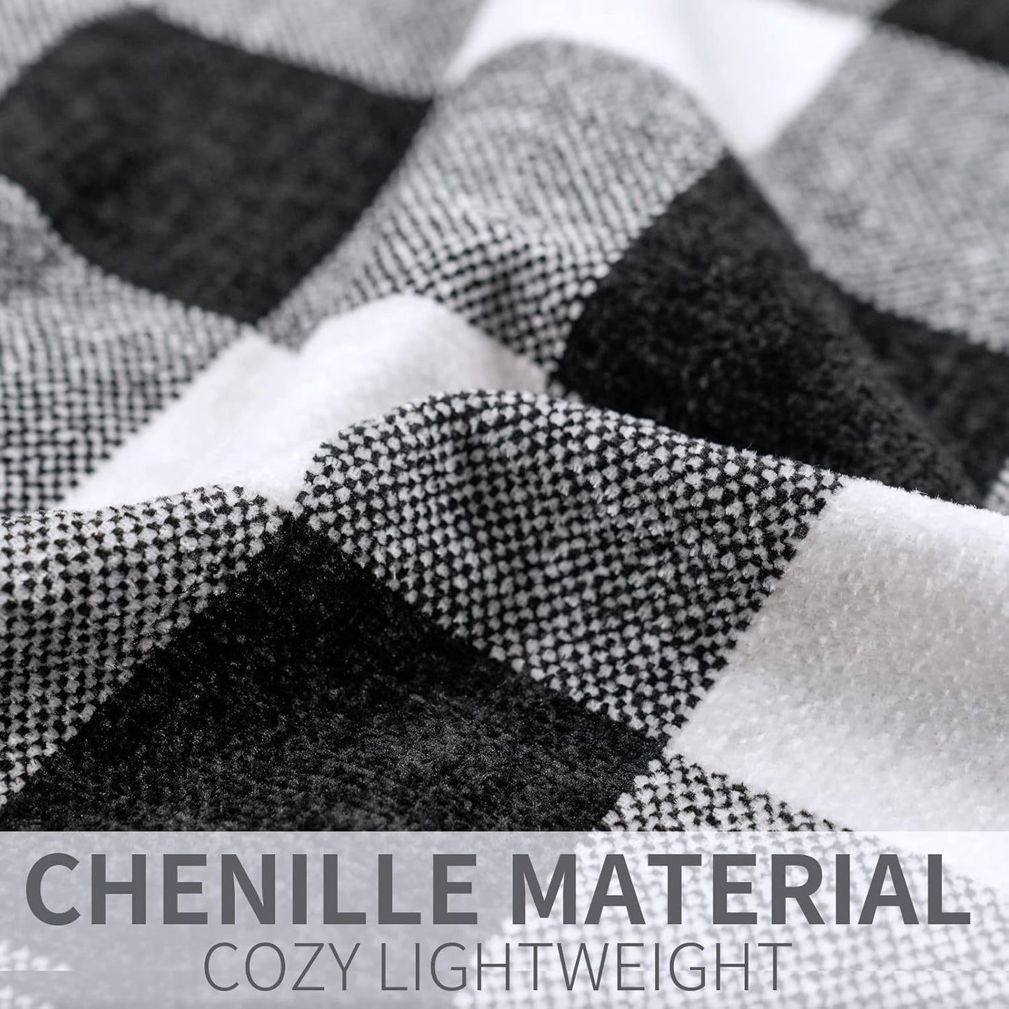 RECYCO Buffalo Paid Chenille Throw Blanket for Couch, Soft Cozy Decorative Buffalo Check Blanket Throw with Tassels for Bed Sofa, Lightweight Chenille Knitted Throw, Plaid Black Off White, 50'' x 60''