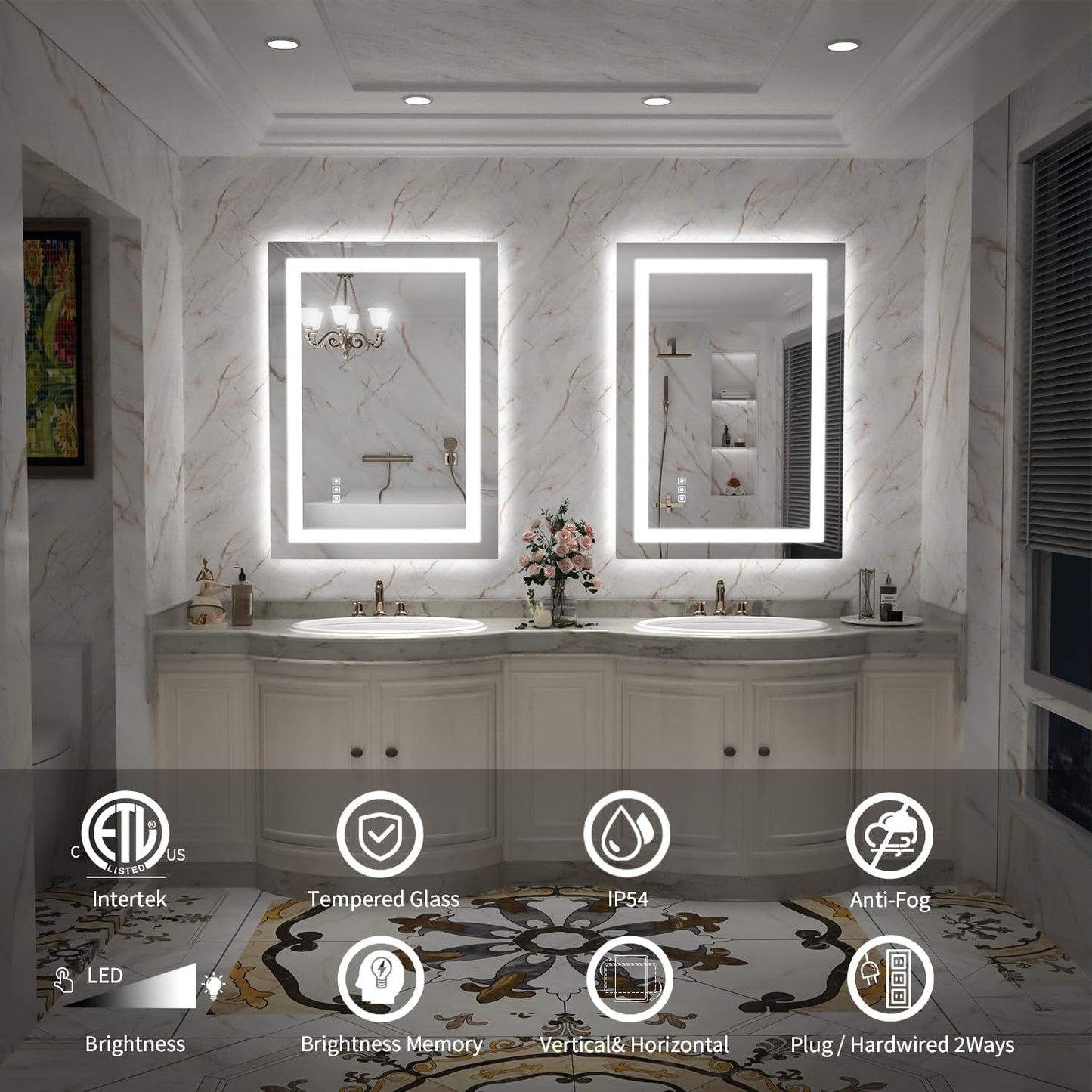 LED Mirror for Bathroom, 24x36 Inch Backlit + Front Lighted Bathroom Vanity Mirror with Lights for Wall, Double Light Strips, 3 Colors, Shatter-Proof, Anti-Fog and Brightness Memory