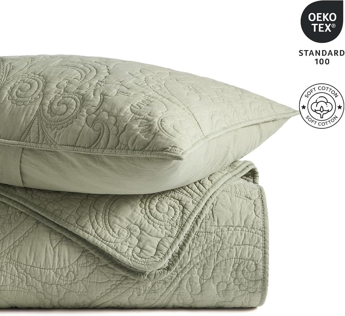 EVERGRACE 100% Cotton Paisley Quilt Set, King Size 3 Piece Set – Prewashed Lightweight Bedspread with 2 Shams, Soft & Breathable Matelasse Coverlet for All-Season Comfort, Light Sage Green