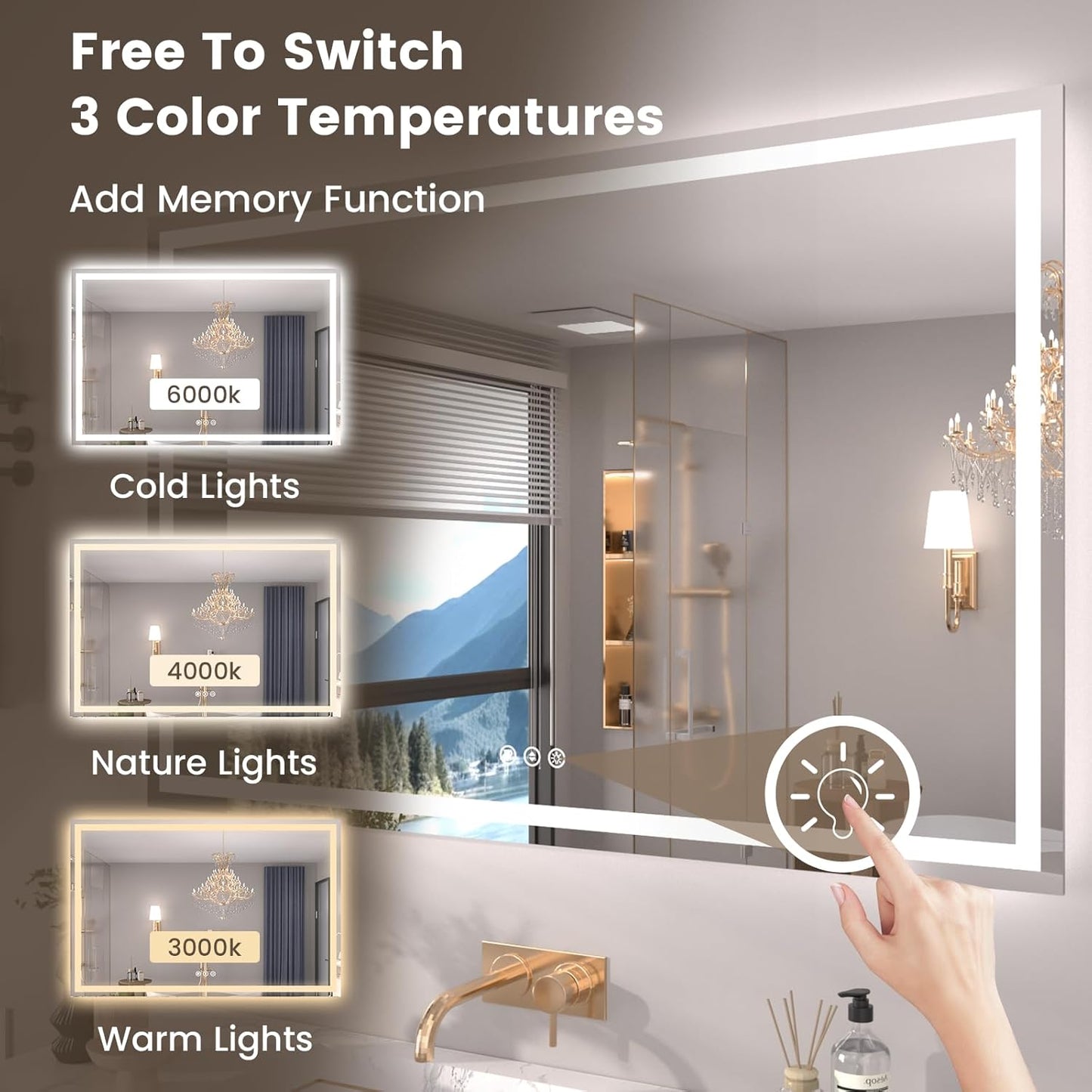48"X40" LED Bathroom Mirror with Front Lights and Backlit, Anti-Fog, Dimmable, Shatter-Proof Tempered Glass, Lighted Bathroom Vanity Mirror for Wall with 3 Colors, Memory Function