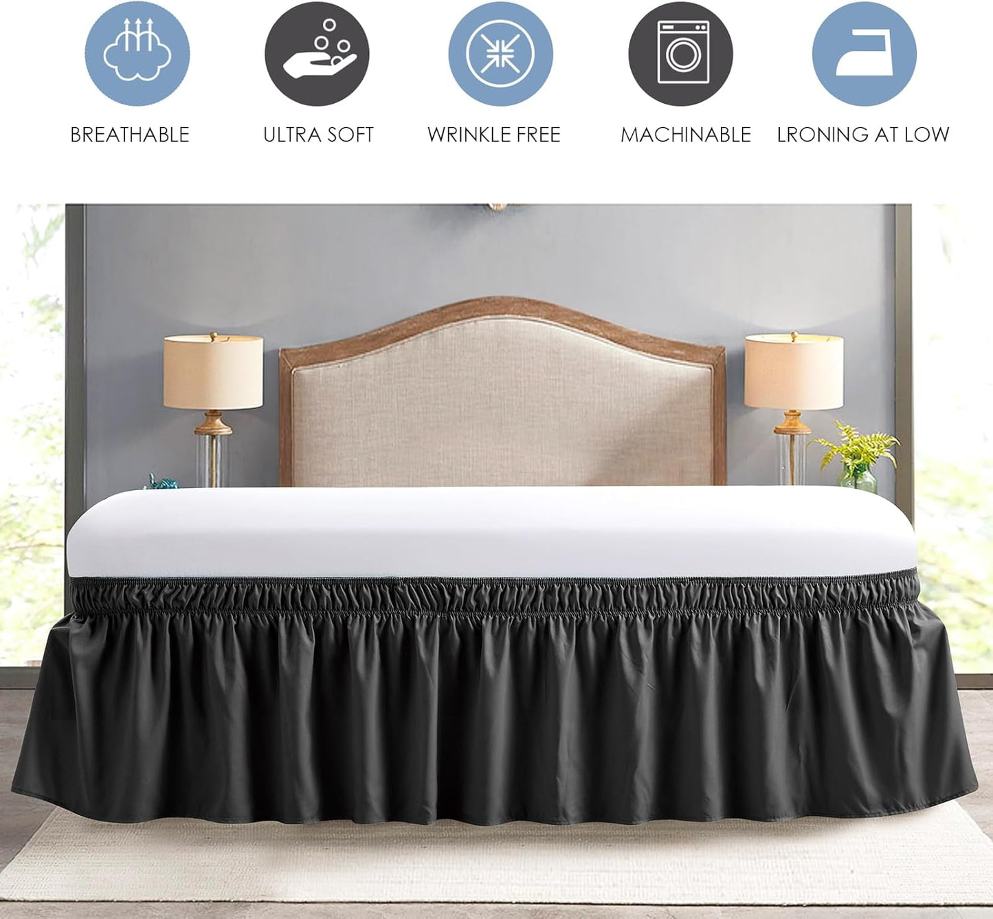 FreshCulture Queen Bed Skirt, Elastic Wrap Around Bed Skirt Queen Size, Bed Skirts for Adjustable Bed, Easy Fit with 15-Inch Tailored Drop, Hotel Quality Dust Ruffle for Queen Bed (Black)