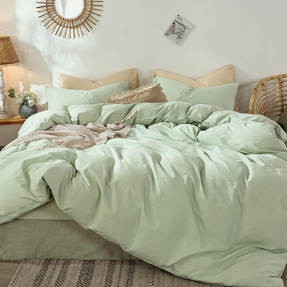MooMee Bedding Duvet Cover Set 100% Washed Cotton Linen Like Textured Breathable Durable Soft Comfy (Heathered Seaglass Green, Cal King 104"x98")