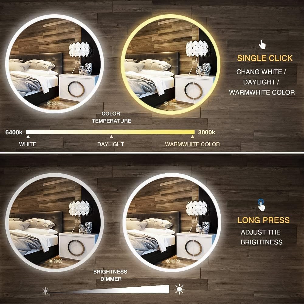 Wall-Mounted LED Round Bathroom Mirror, Makeup Mirror (24 inches x 24 inches,) 3 Color Stepless Dimmable Memory Bathroom Vanity Mirror with Lights CRI90+ 3000-6400K Smart Mirror with Touch