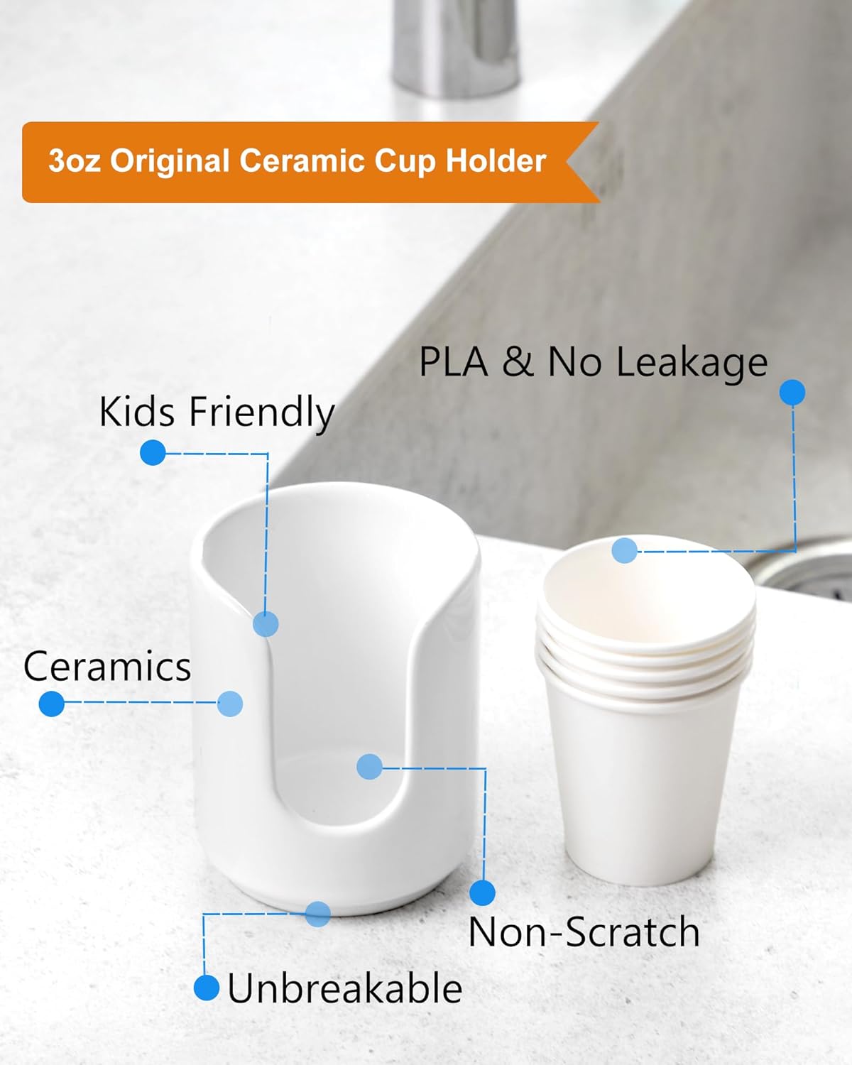 3 oz Original Ceramic Bathroom Cup Dispenser with 5 PLA Paper Cups, Bathroom Essential Accessories for Mouthwash Holder on Bathroom Vanity Countertops (2 Pack, White)