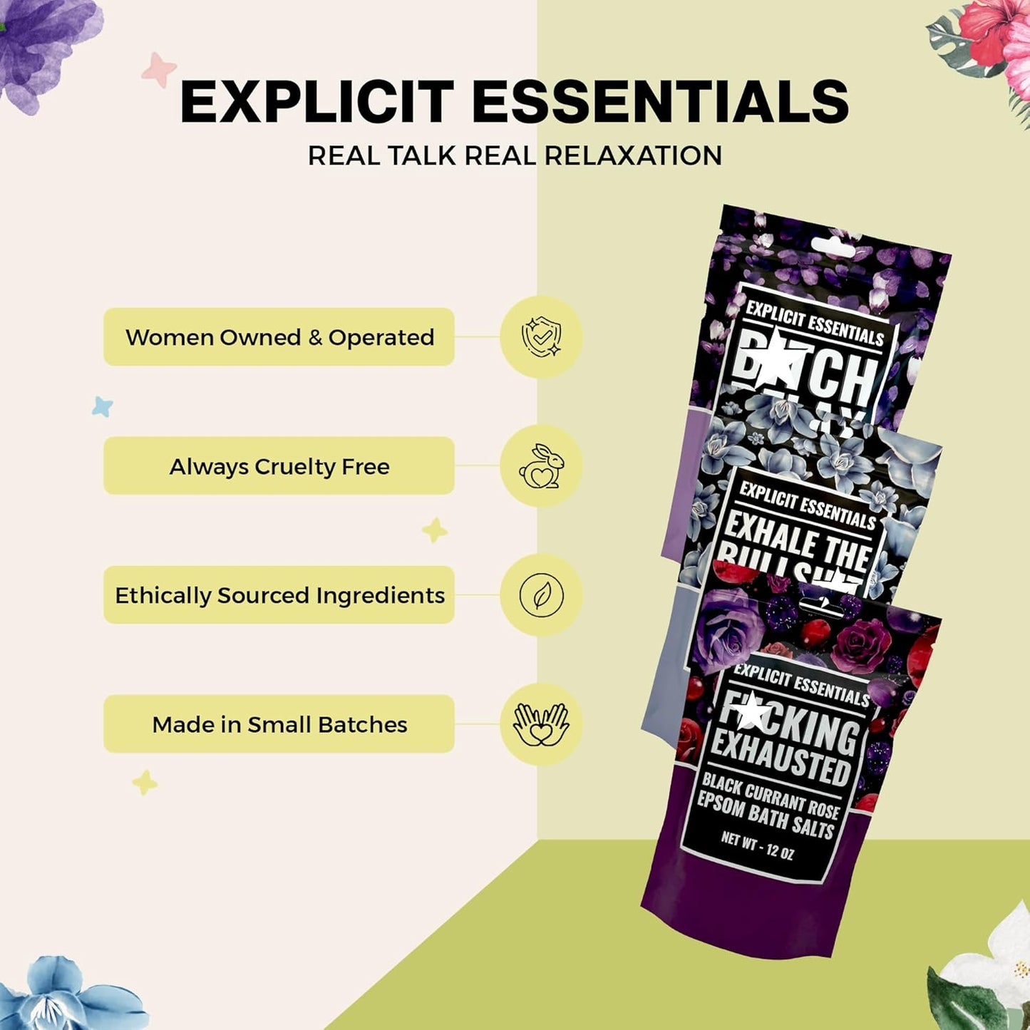 Explicit Essentials Bath Salts Gift Set | 3 Relaxing Epsom Salt Bath Soaks | Aromatherapy Epsom Salt Variety Pack for Stress Relief, Relaxation & Self-Care Gifts