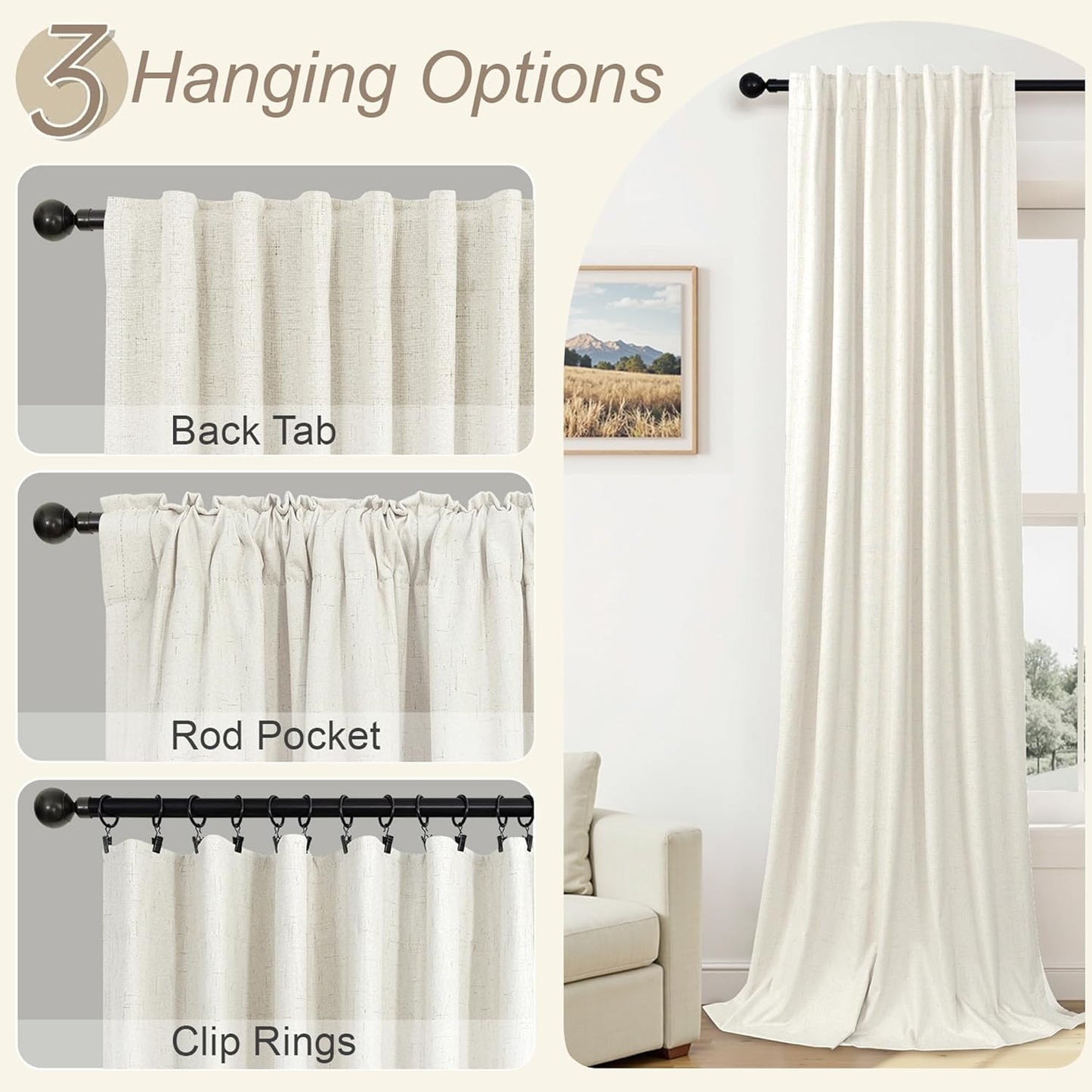 Pitalk Cold Weather Thermal Curtains Farm House Boho Black Out Room Darkening Insulated Linen Blackout Winter Curtain 102 Inch Long for Living Room Bedroom 2 Panels Set Off White Cream 42 x 102 Length